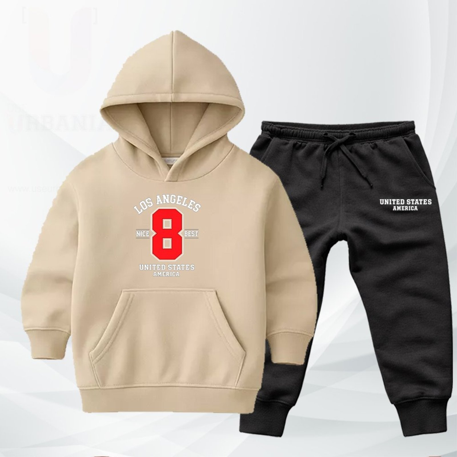 Infantil - Conjunto Moletom Urbania Moleton escola Canguru Fechado com Bolso e Capuz Bege estampa Los Angeles Nice Best United states america