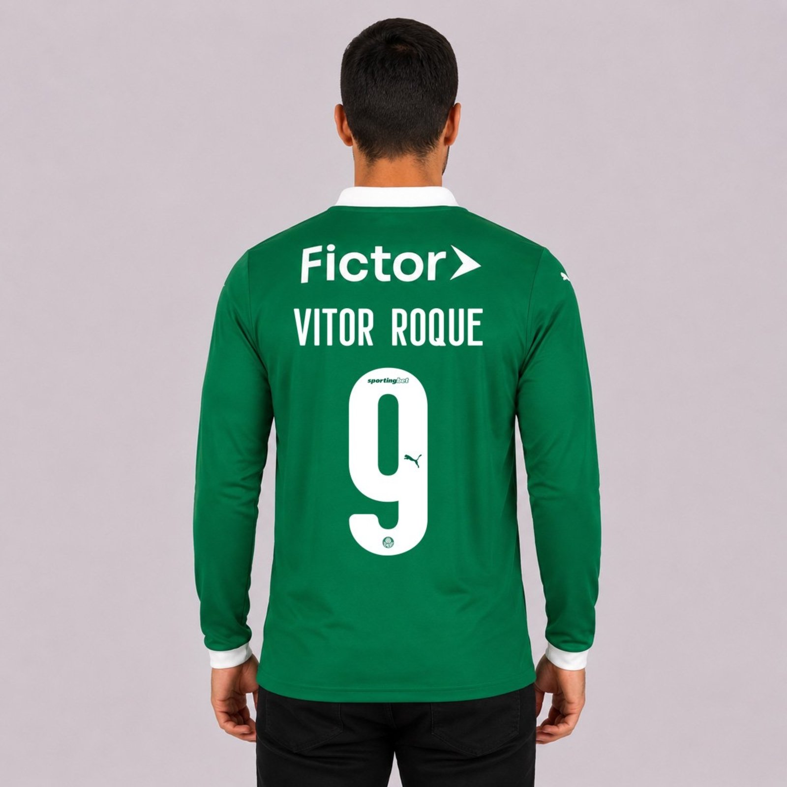 Camisa Puma Palmeiras I 2025 Manga Longa Com Patrocínio Verde 9 Vitor Roque