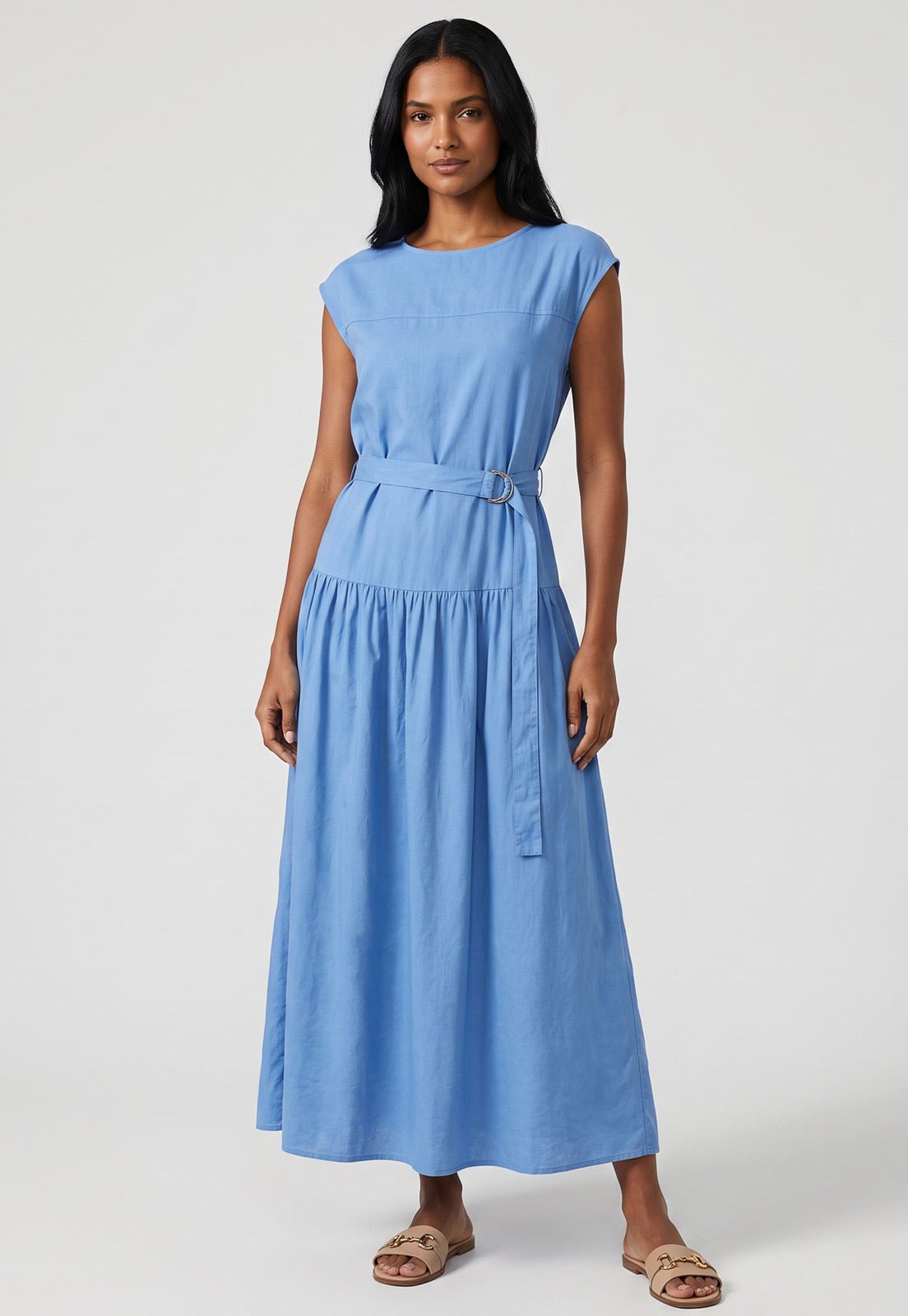 Vestido Lez a Lez Longo Babados Cinto Azul