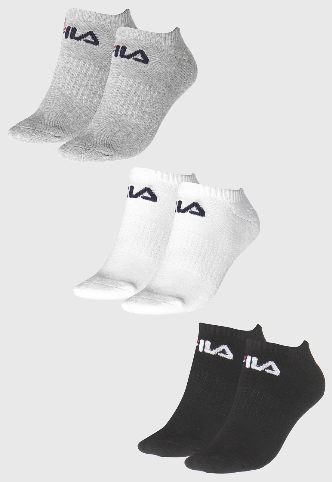 Vista 3 Kit 3pçs Meia Fila Cano Baixo Logo Preto branco Fila branco