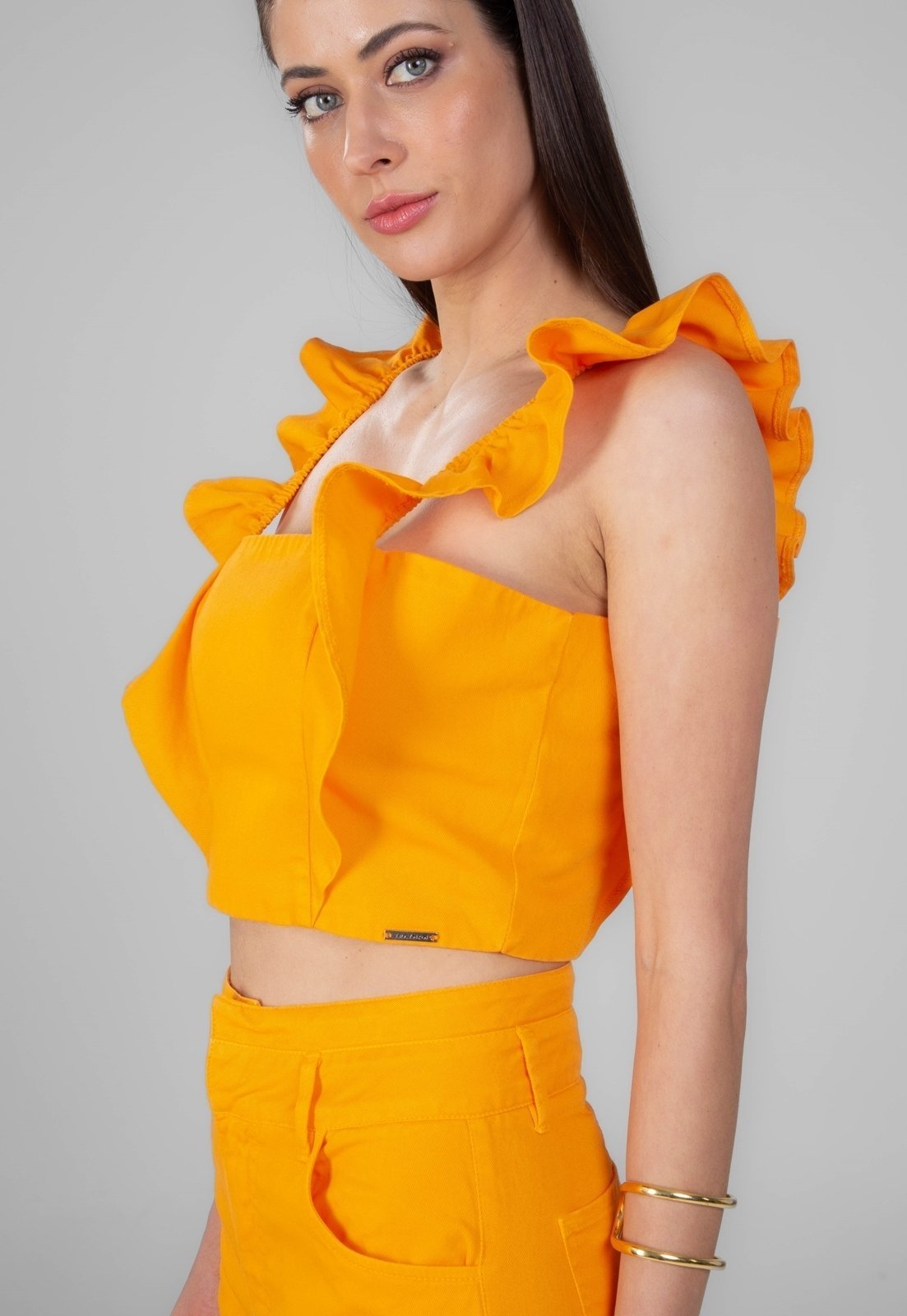 Vista 2 Blusa Cropped Traymon Com Babados Mango laranja Traymon laranja
