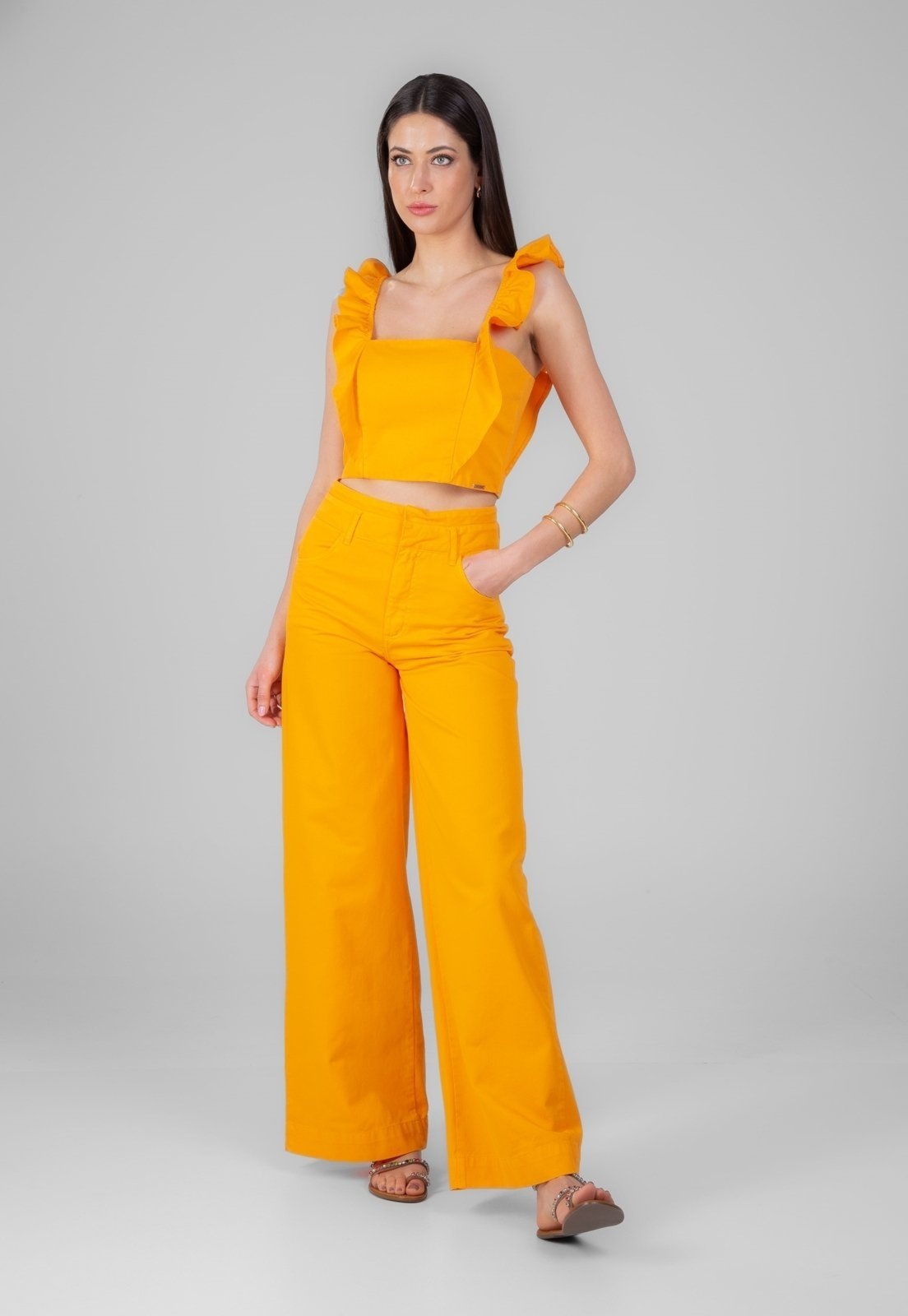 Vista 3 Blusa Cropped Traymon Com Babados Mango laranja Traymon laranja