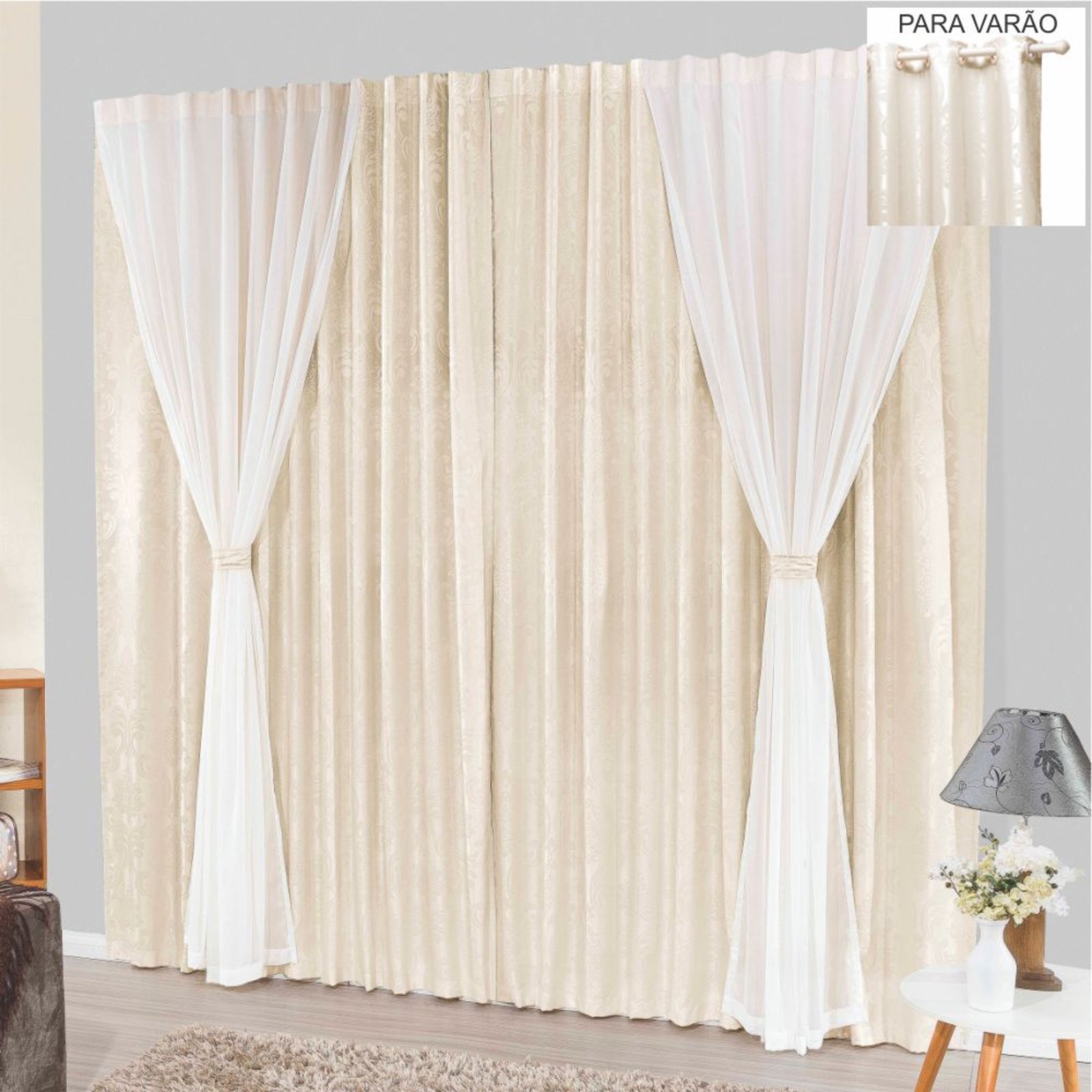 Cortina Bhaly Jacquard e Voal 4,00 X 2,50 Para Varão - Palha - 100% Poliéster