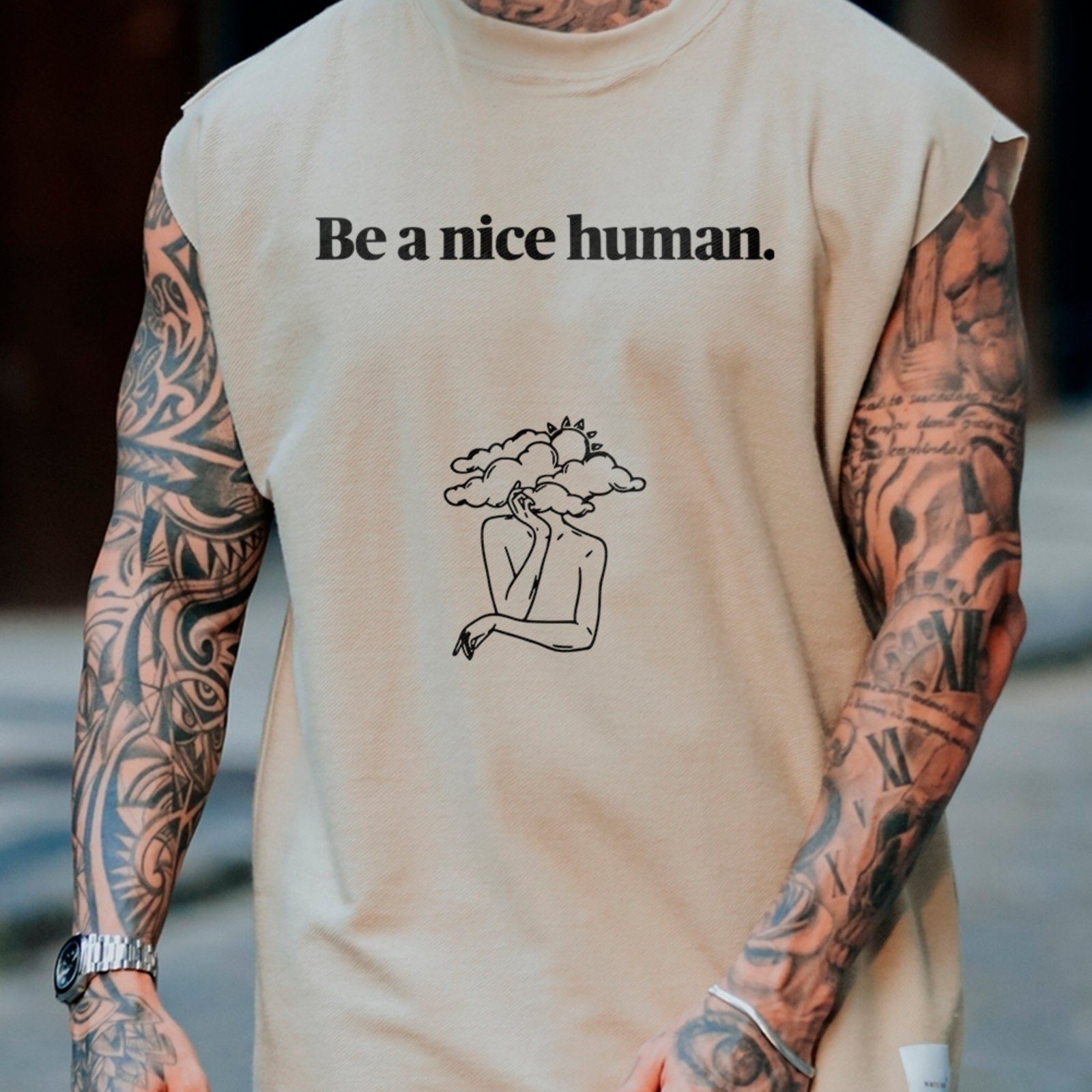Camiseta Regata Machão Be A Nice Human Frase Minimal Off White