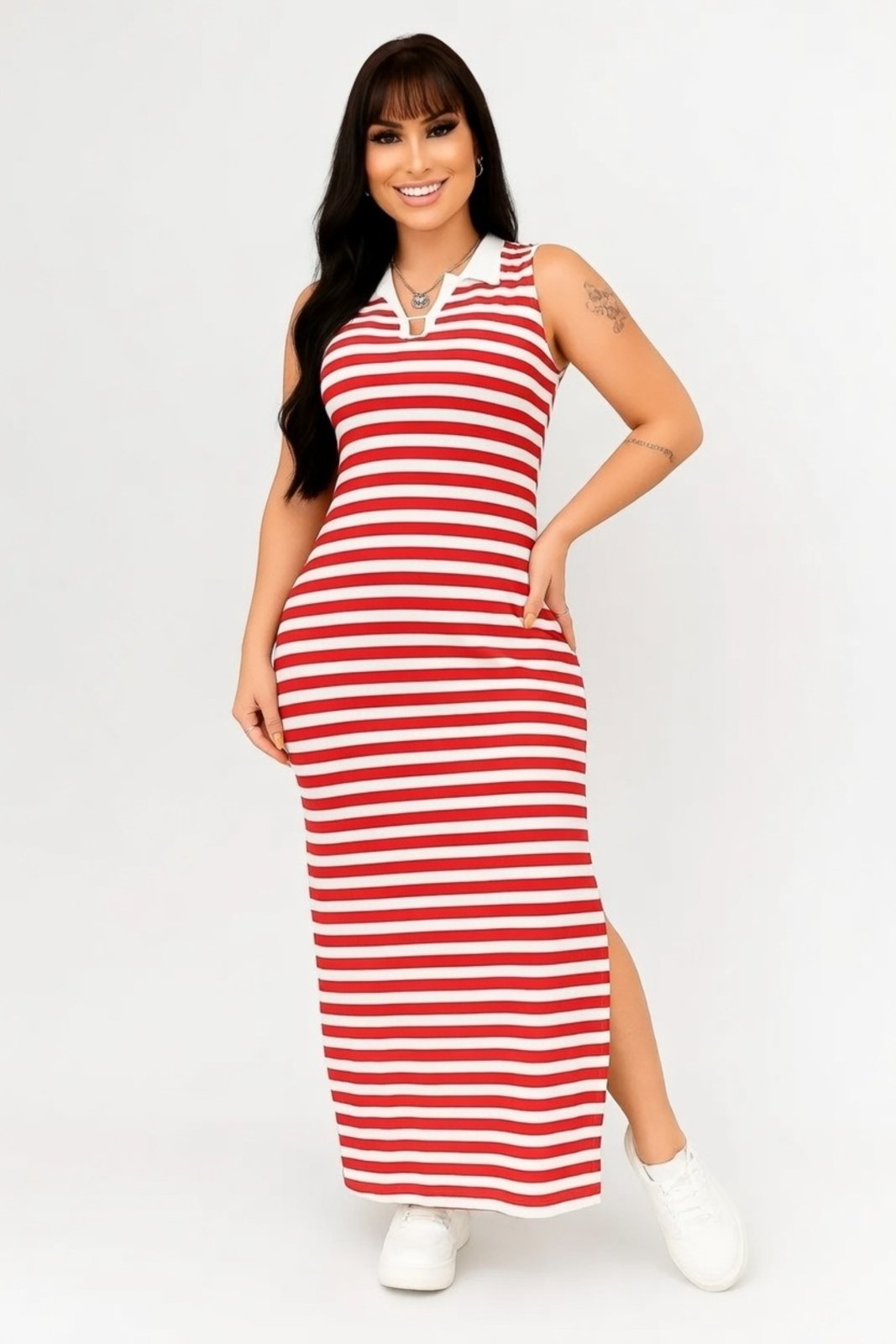 Vista 2 Vestido Longo Regata Gola Polo D Bell Outlet Fashion Listrado azul D BELL OUTLET FASHION azul