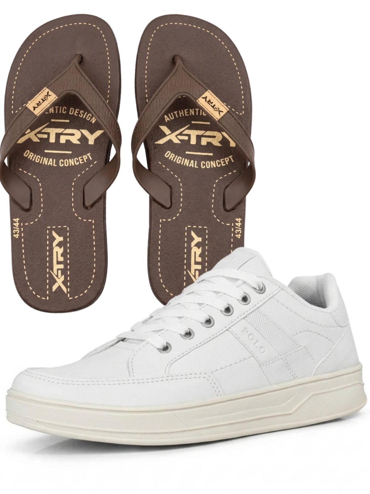 Sapatênis Masculino Casual Branco Sneakers Polo Kit Chinelo Havana Xtry Flip-Flops Resistente Kit