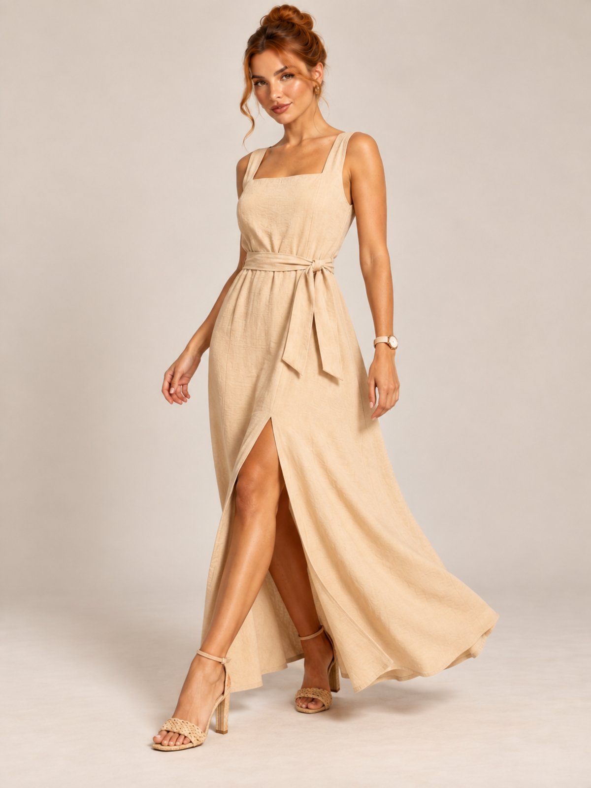 Vestido Midi Decote Quadrado Fenda Frontal Lastex Nas Costas Cinto Bege