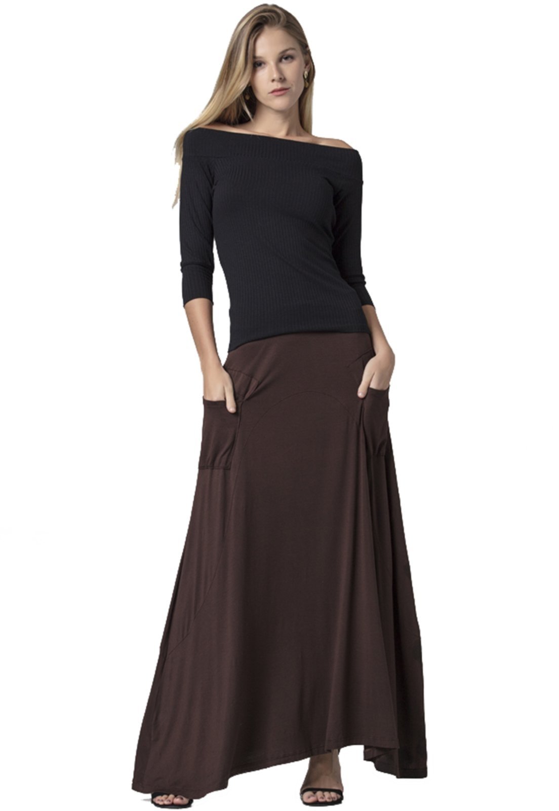 Saia Amazonia Vital Longa Malha com Bolso Marrom