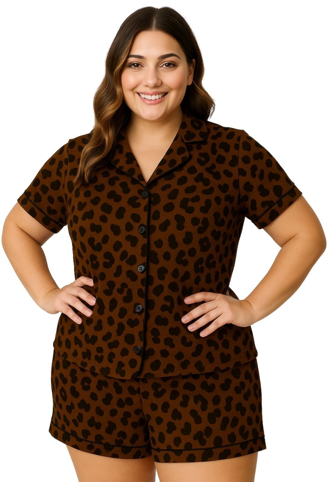 Pijama Americano Estampado Plus Size Terra e Mar Blusa com Botões que Abrem e Short Anastácia 50 52 54 56 Marrom