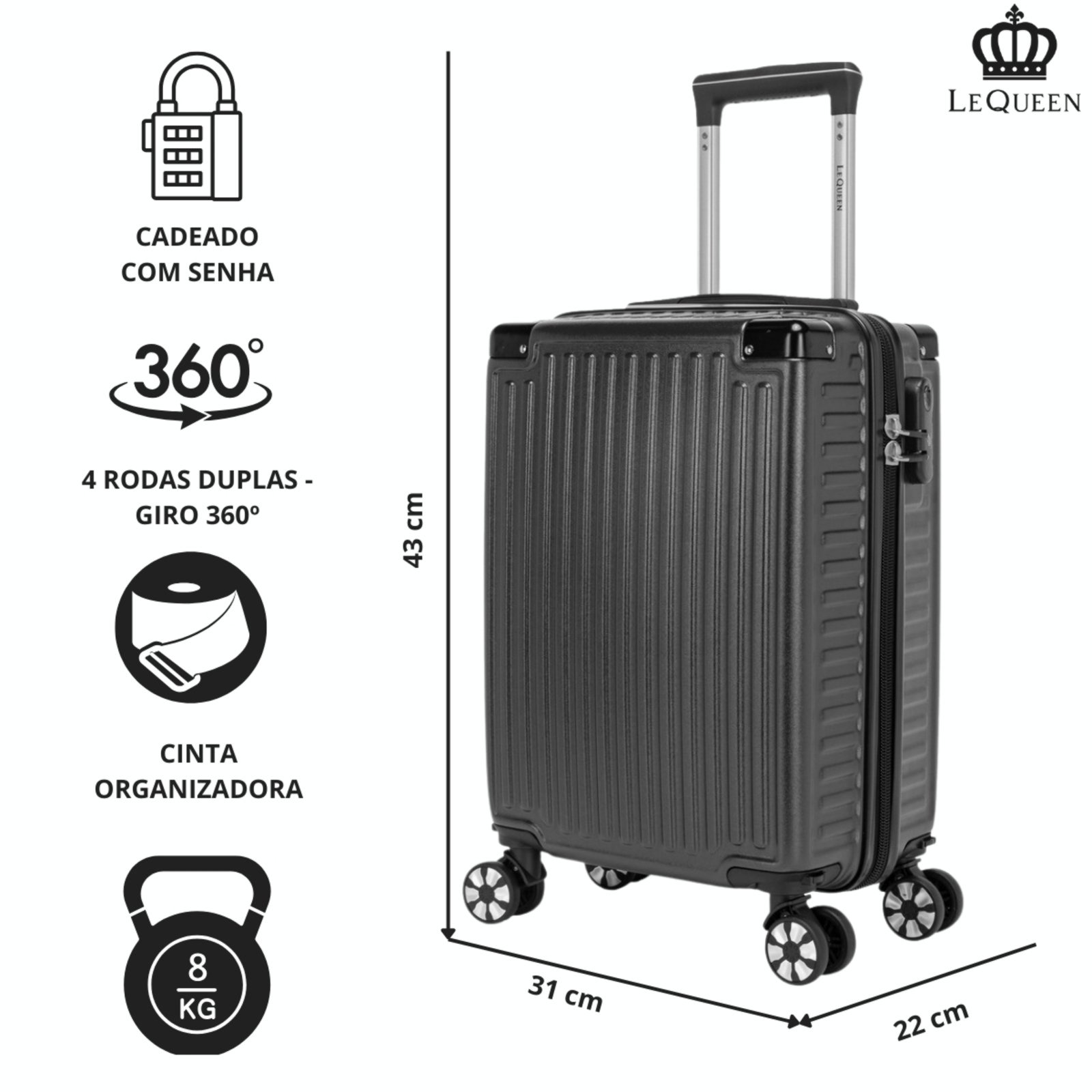 Vista 3 Infantil - Mala Lequeen Viagem Bordo 8 kg Resistente PP Padrão Anac Lequeen cinza