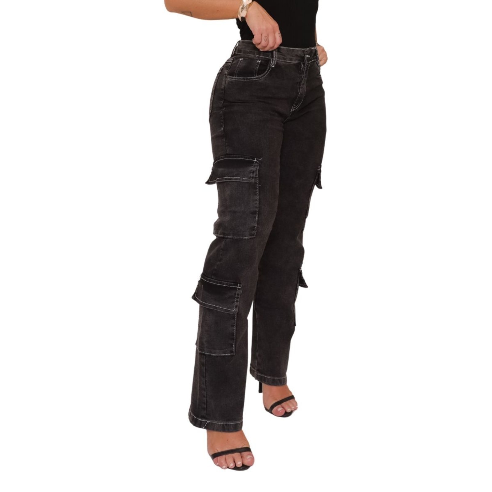 Calça Feminina Cargo Grafite Jeans Loka 4 Bolsos Funcionais