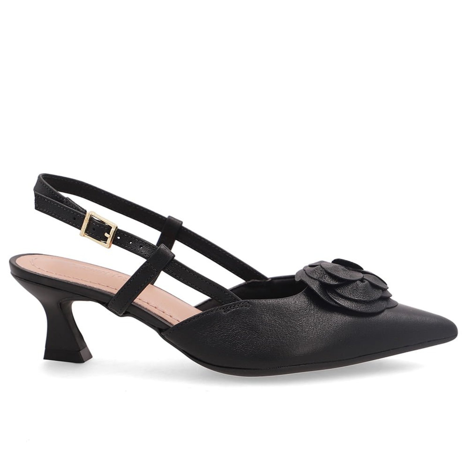 Slingback Em Couro Preto Com Enfeite Floral