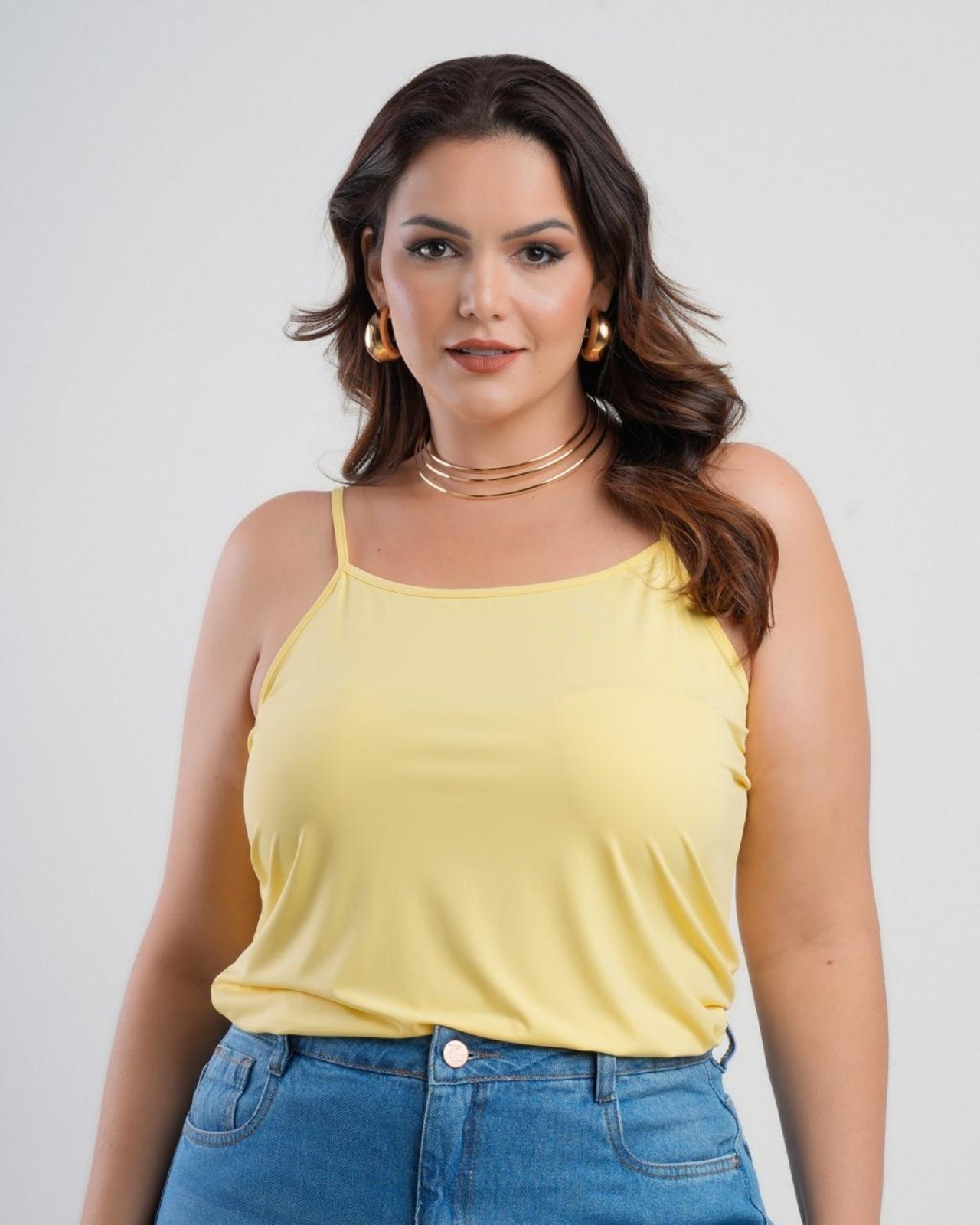 Vista 2 Regata Feminina Básica Sh Fashion Plus Size Alça Fina Confortável Cor amarelo SH FASHION amarelo