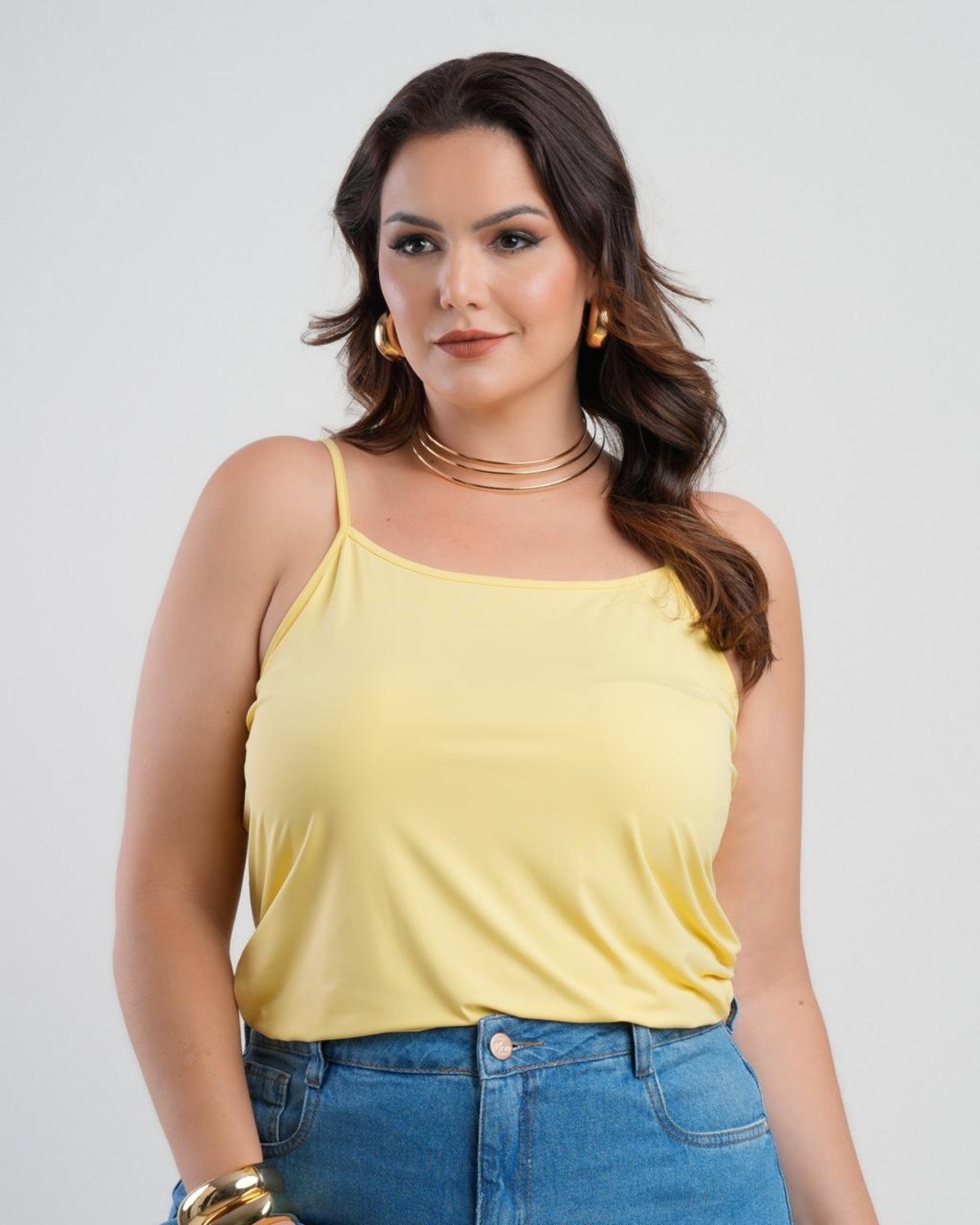 Vista 3 Regata Feminina Básica Sh Fashion Plus Size Alça Fina Confortável Cor amarelo SH FASHION amarelo