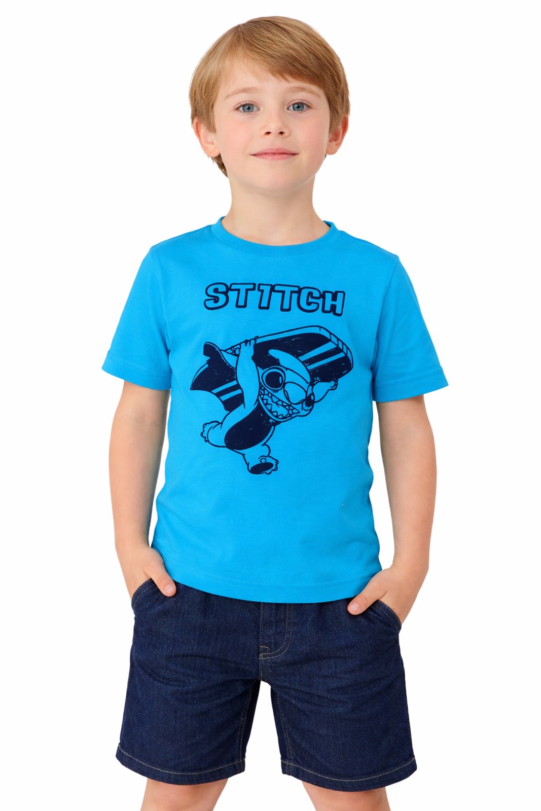 Infantil - Camiseta Stitch Surf Disney Manga Curta Lúdica Azul
