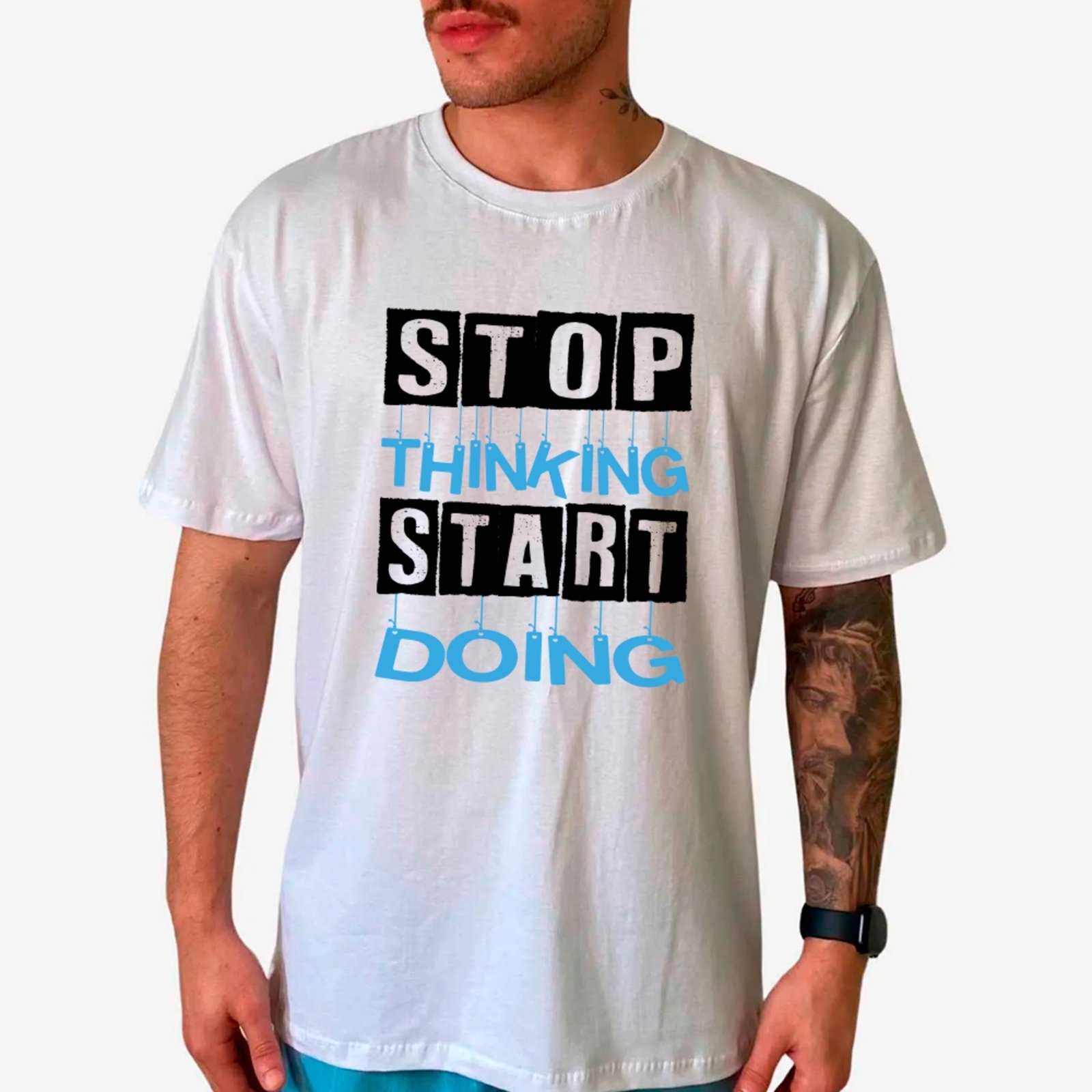 Vista 2 Camiseta Ousy Oversized Stop Thinking Start Doing Estilo Urbano Autêntico Unissex branco ousy branco