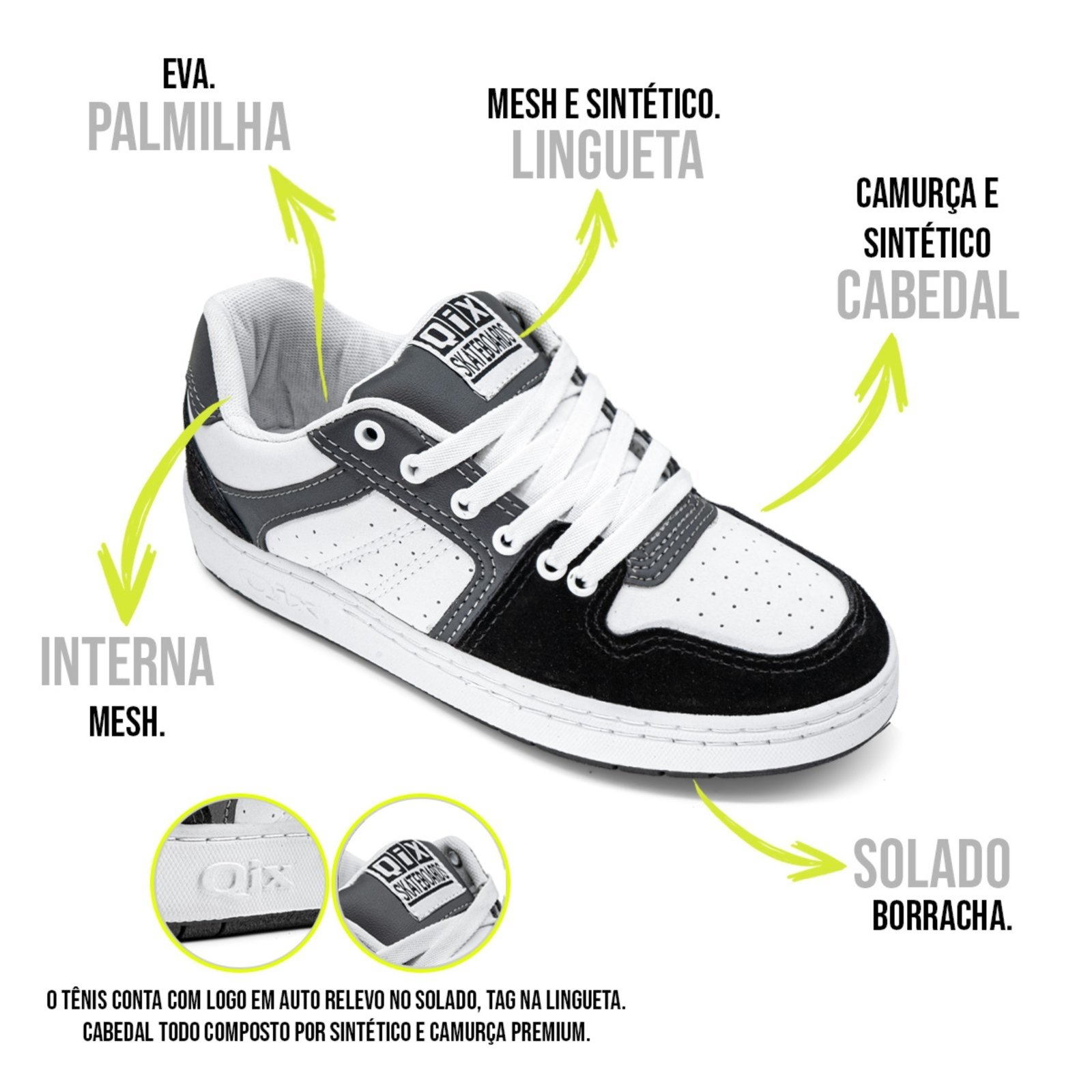 Vista 3 Tênis Qix 80s Camurça Preto Cinza branco Qix branco