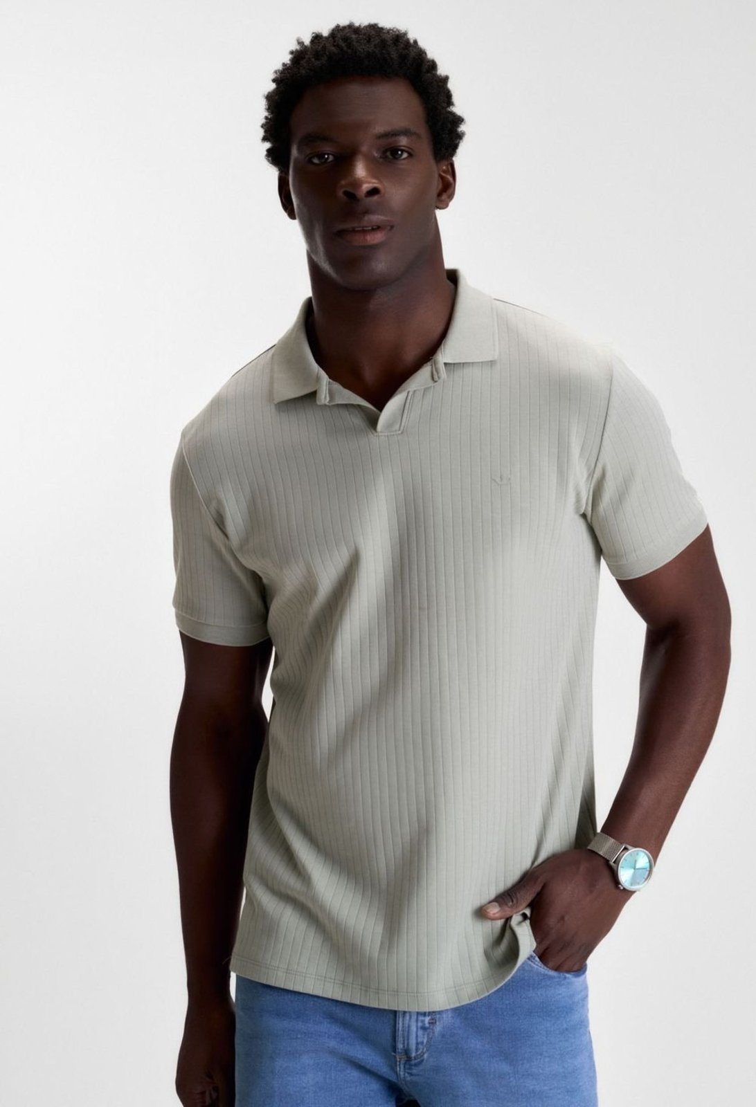 POLO DOCTHOS SLIM MANGA CURTA GOLA V TEXTURA LISTRADA 106 Verde Claro G