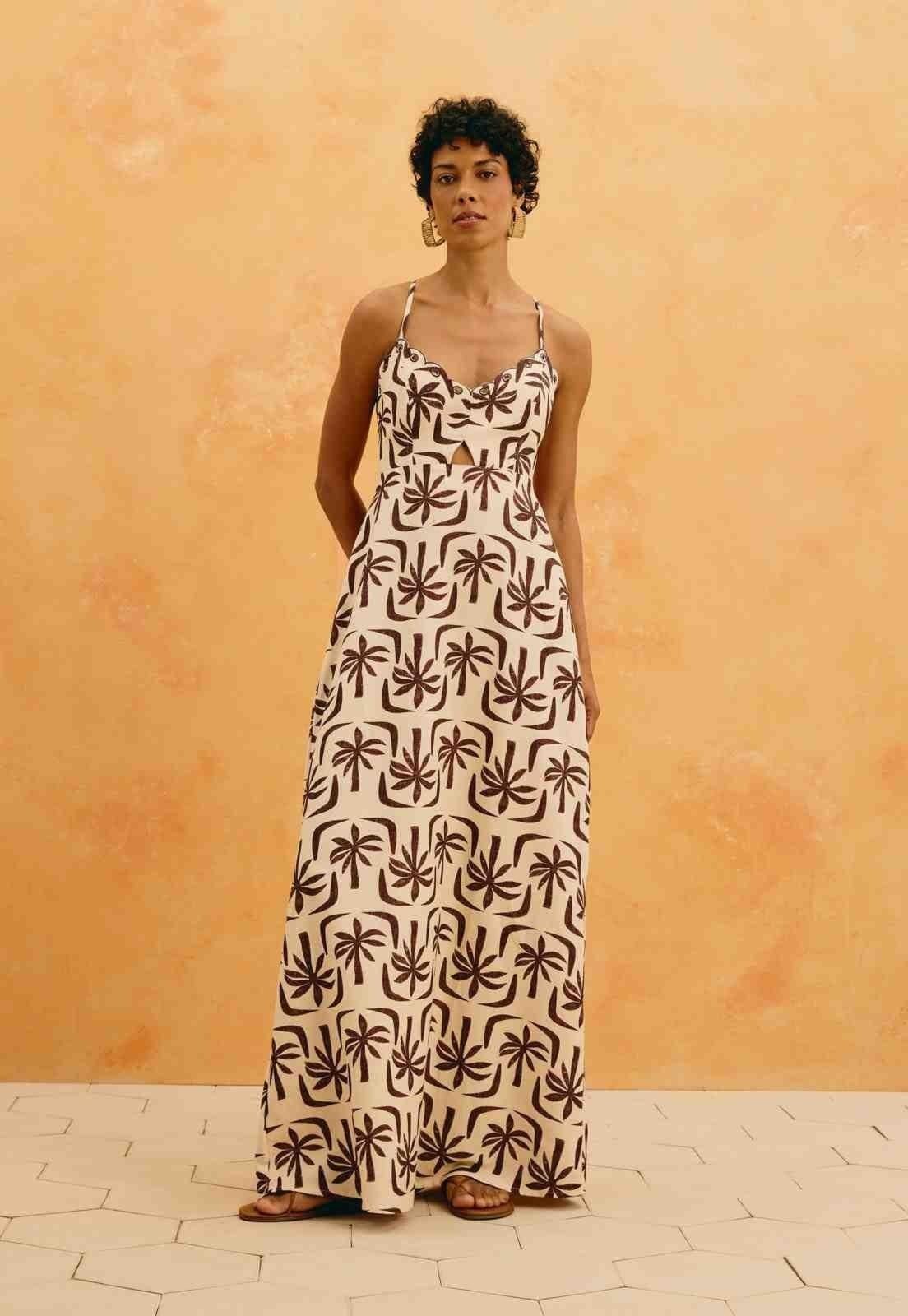 Vestido Longo Bordado Estampado Isla De Barú Marrom