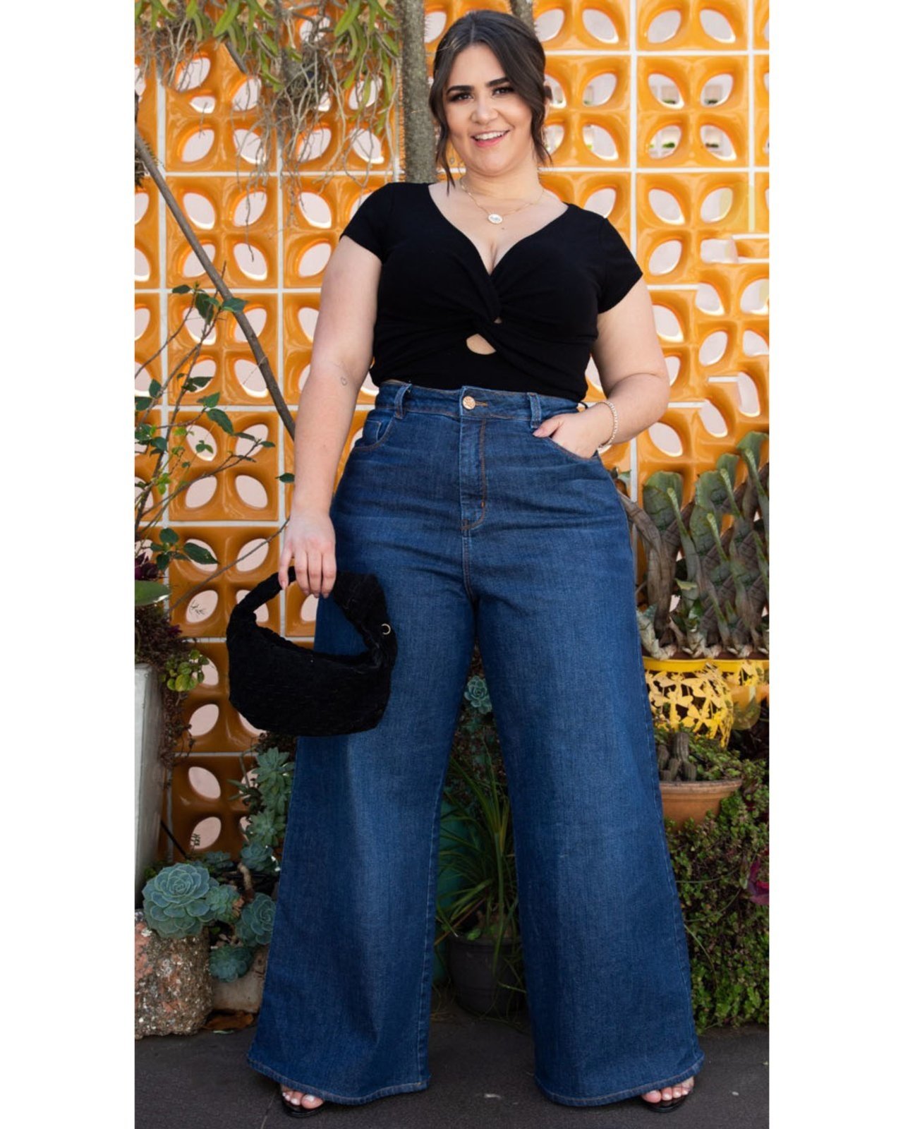 Calça Wide Leg Pantalona Plus Size Azul Escuro