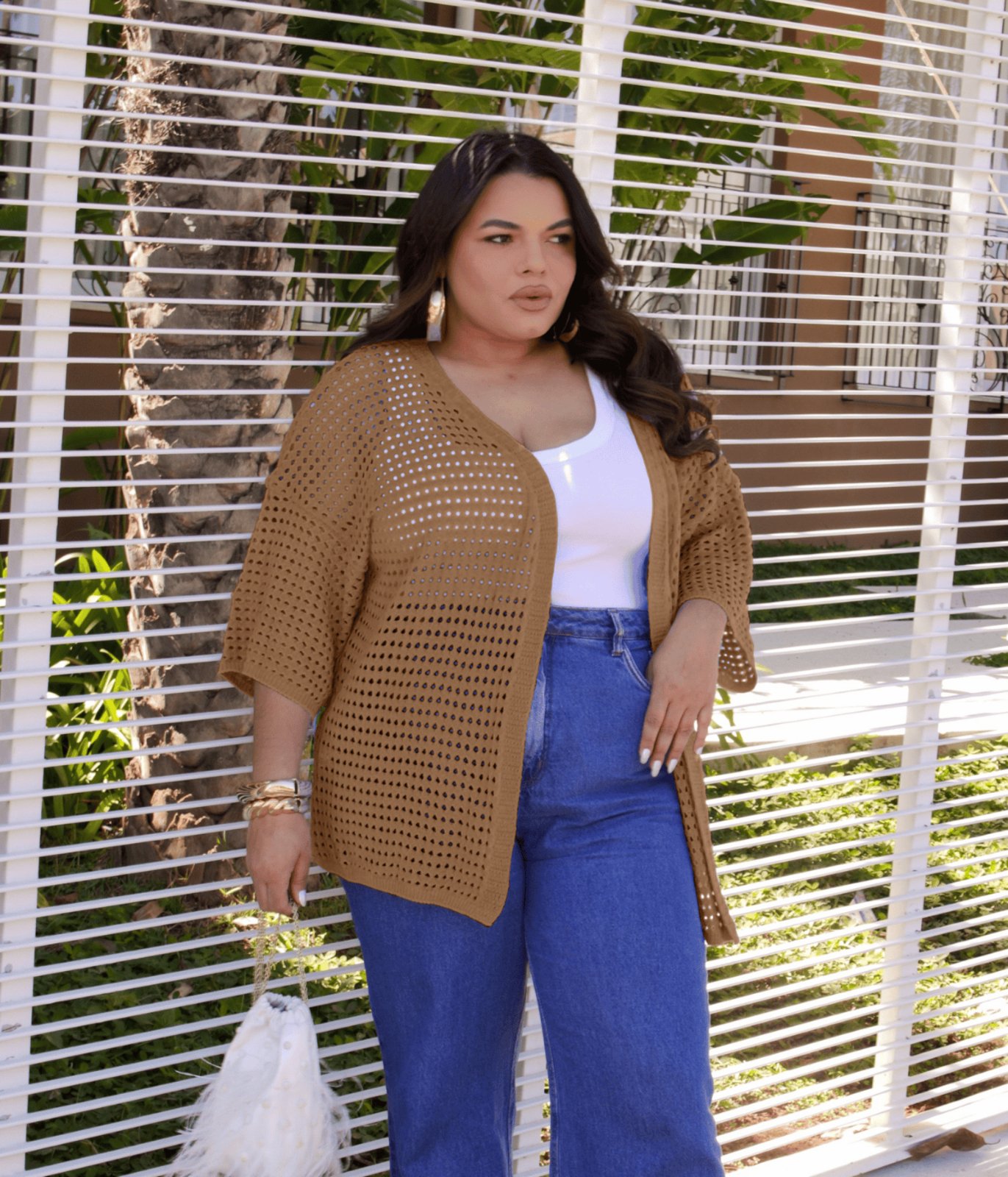 Casaco Cherry Line Kimono Vazado Plus Size Aberto Leve Manga Três Quartos Verão Tricot Bege