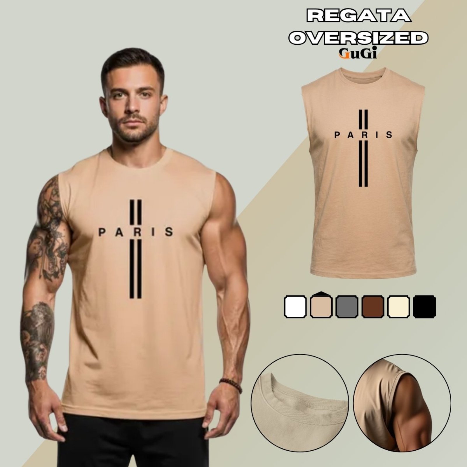 Camiseta Regata Masculina Oversized Estampada Cruz Paris França Cáqui