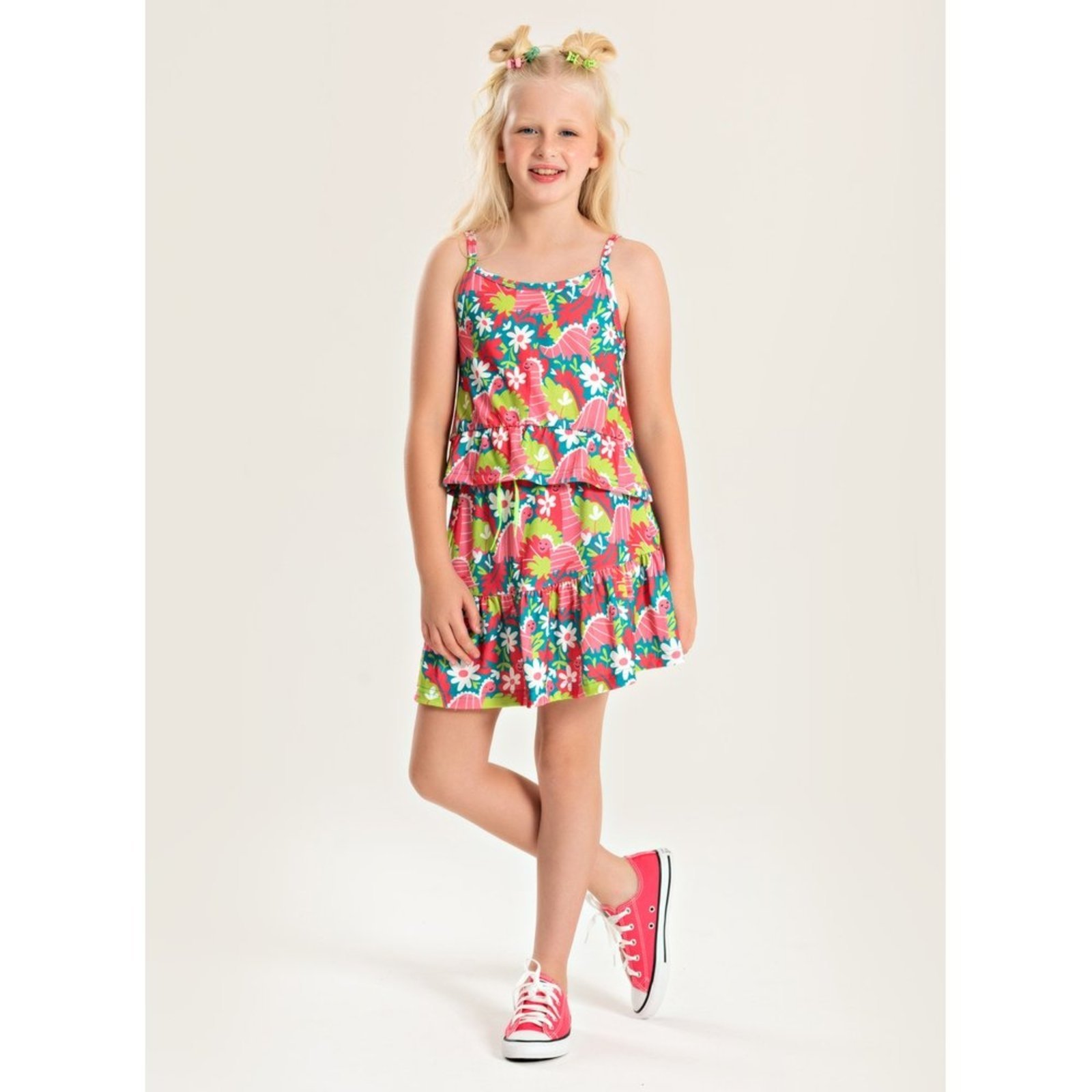Infantil – Conjunto Molekada Verão Menina Verde Cropped Alcinha e Saia com Babado Jardim dos Dinos