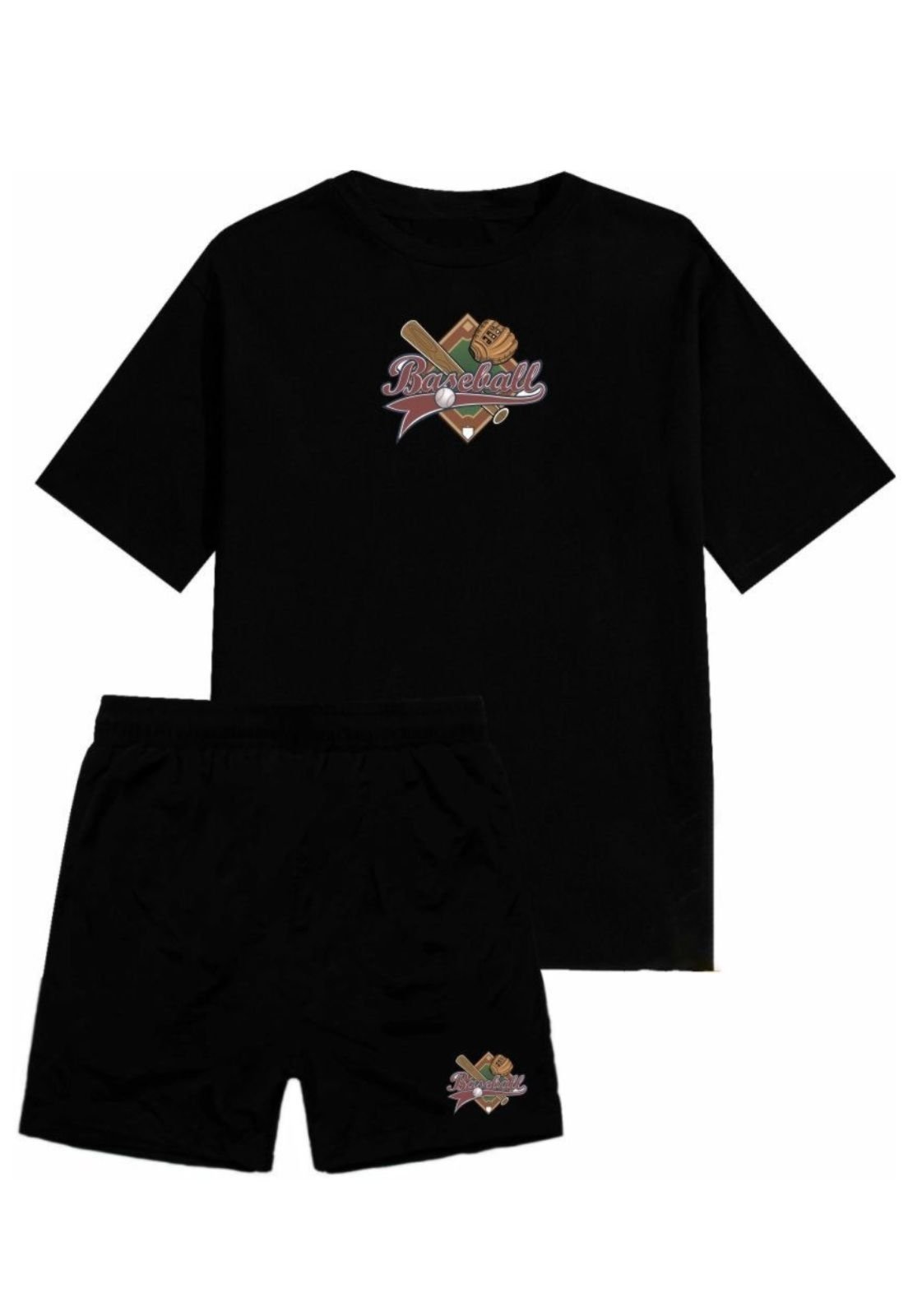 Kit Conjunto Short Tactel Camiseta Algodão Relaxado Adulto Masculino Beisebol Preto