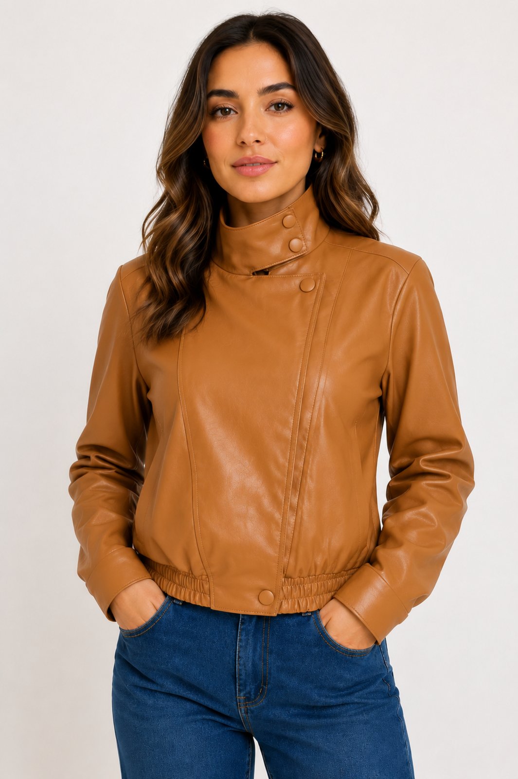 Jaqueta Feminina D Bell Outlet Fashion Bomber Couro Caramelo