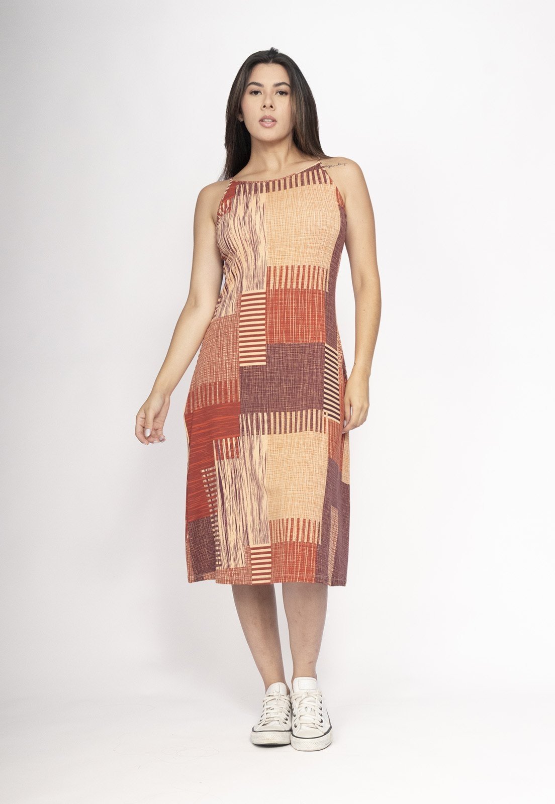 Vista 2 Vestido Amazonia Vital Aimara Curto Trapézio Malha Tramas do Sol Amazonia Vital estampado