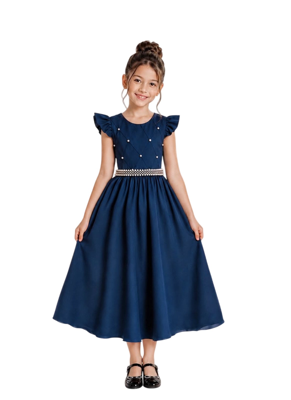 Infantil - Vestido Longo Social Azul Escuro Marinho Festa Formatura Casamento Pérolas Dama Daminha Menina Juvenil Juvenil Princesa Rodado Florista Aniversário Luxo