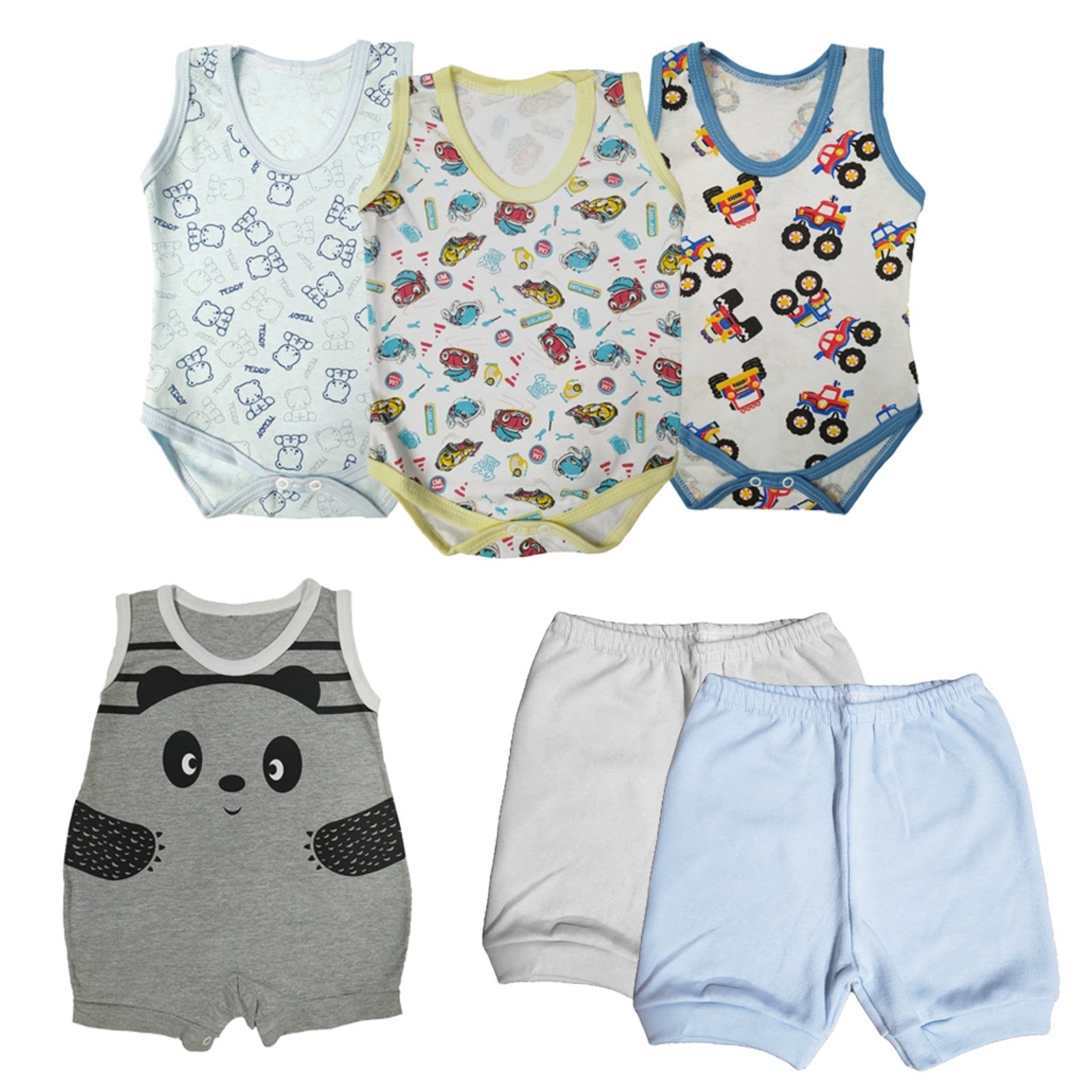 Infantil – Kit 6 Peças Body e Macacão Regata e Shorts 100% Algodão Azul