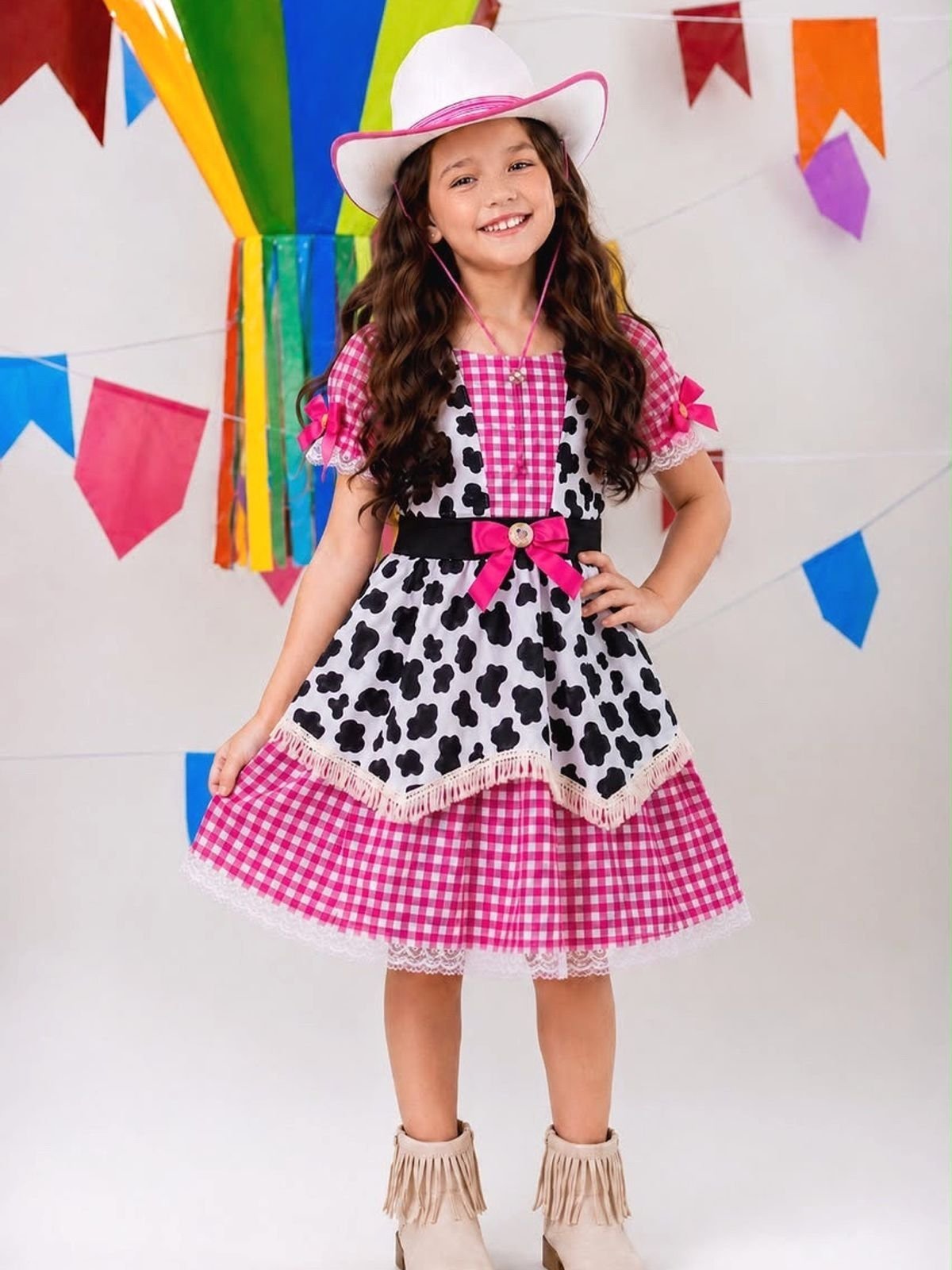 Infantil - Vestido Festa Rosa Pink Fazendinha Franja Xadrez Vaquinha Aniversário Temático Luxo Social Menina Juvenil Rodado Aniversário