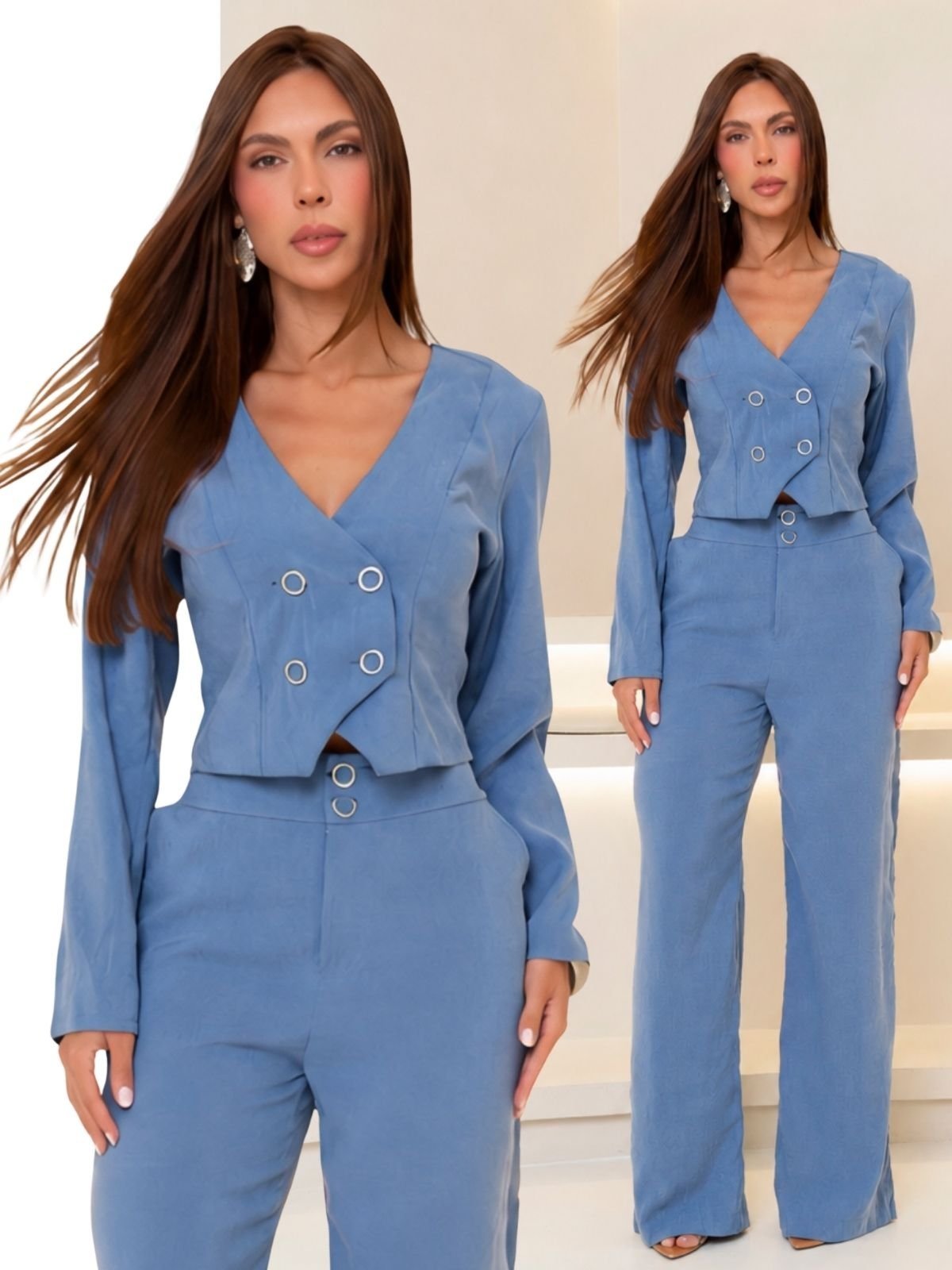 Conjunto Tropical Fashion Alfaiataria Blusa Colete e Calça Pantalona - Azul Jeans