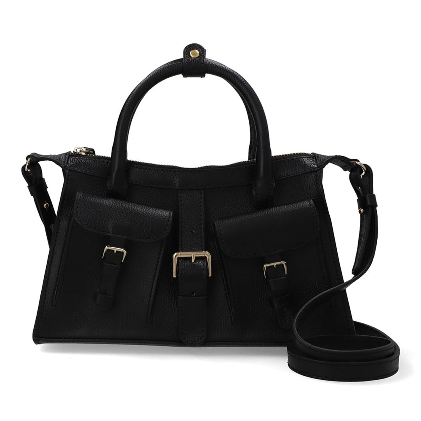 Bolsa Tote Em Couro Preto Com Zíper e Bolsos Frontais