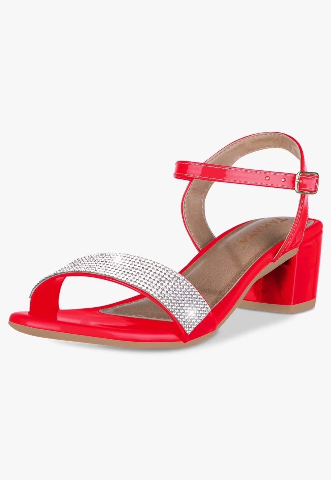 Sandália Feminina Salto Baixo Bloco Casual Confortável Strass Vermelho