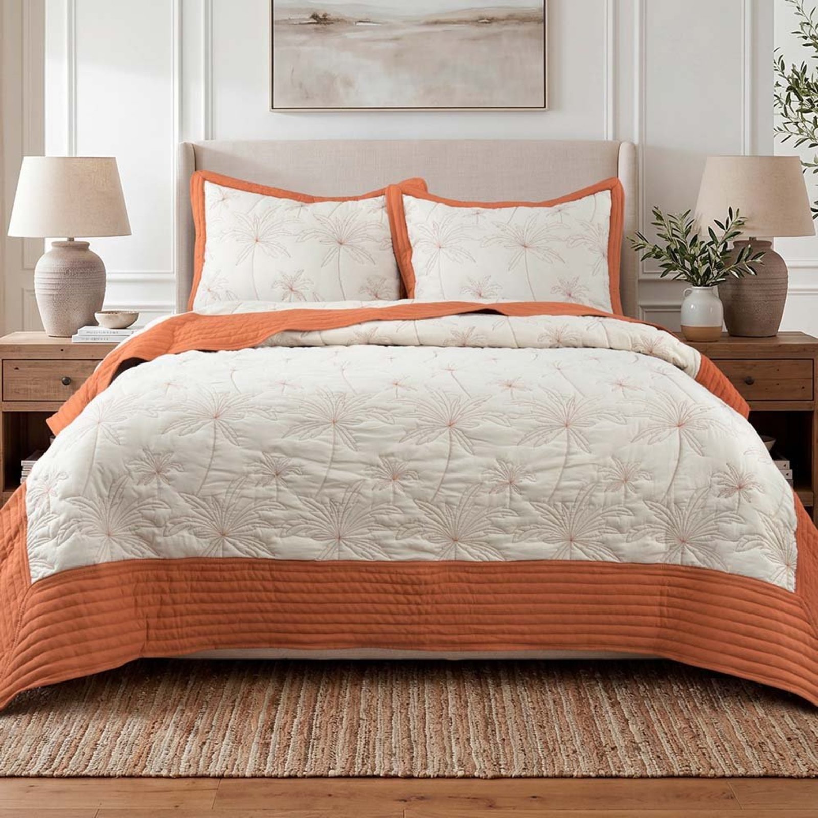 Kit Cobre Leito Egeu Queen Percal 300 Fios Colcha Matelassê Alto Relevo 3 Peças Terracota