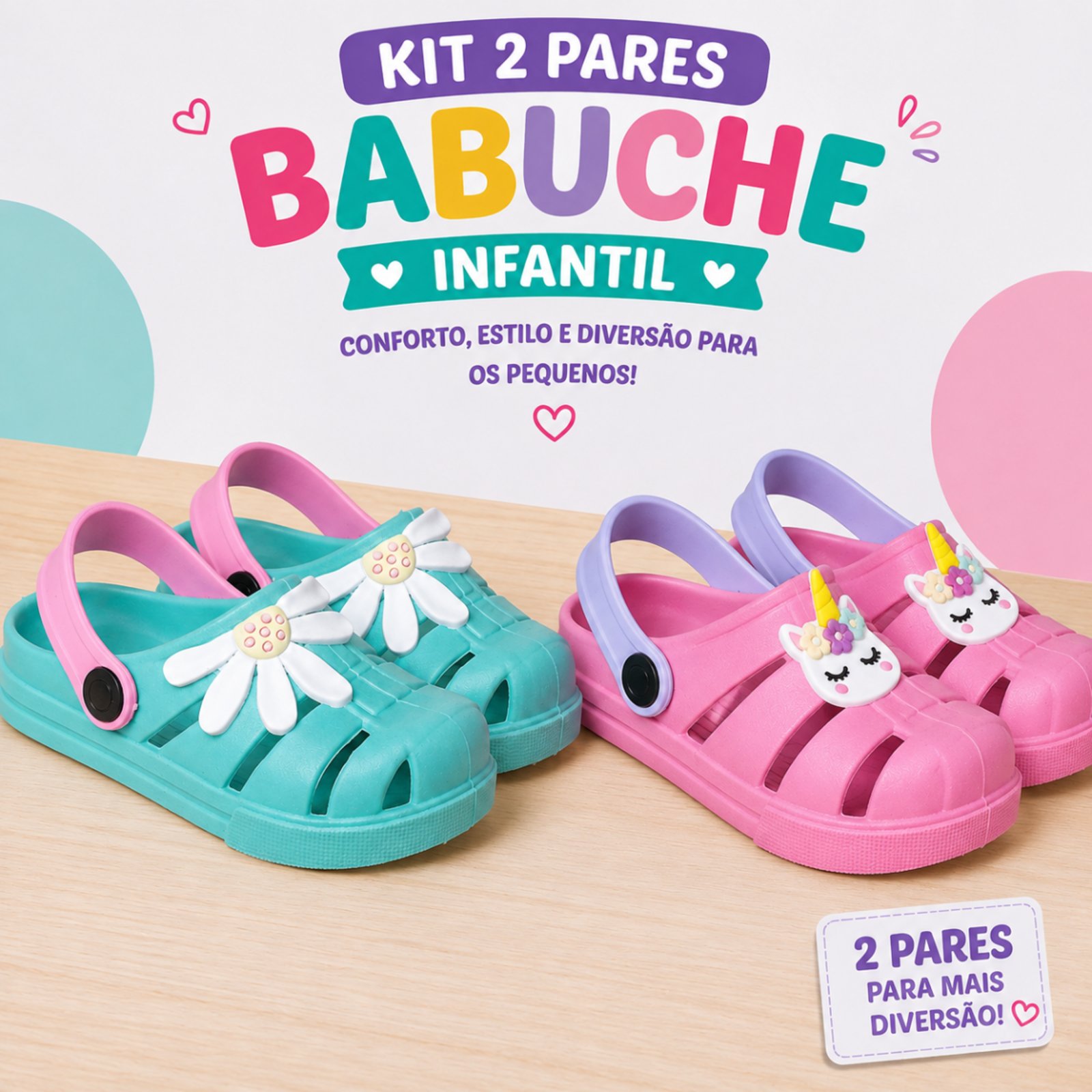 Infantil - Kit 2 Pares Babuche Footz Sandália Papete Confortável Leve e Macio Chinelo Casual Água/Rosa