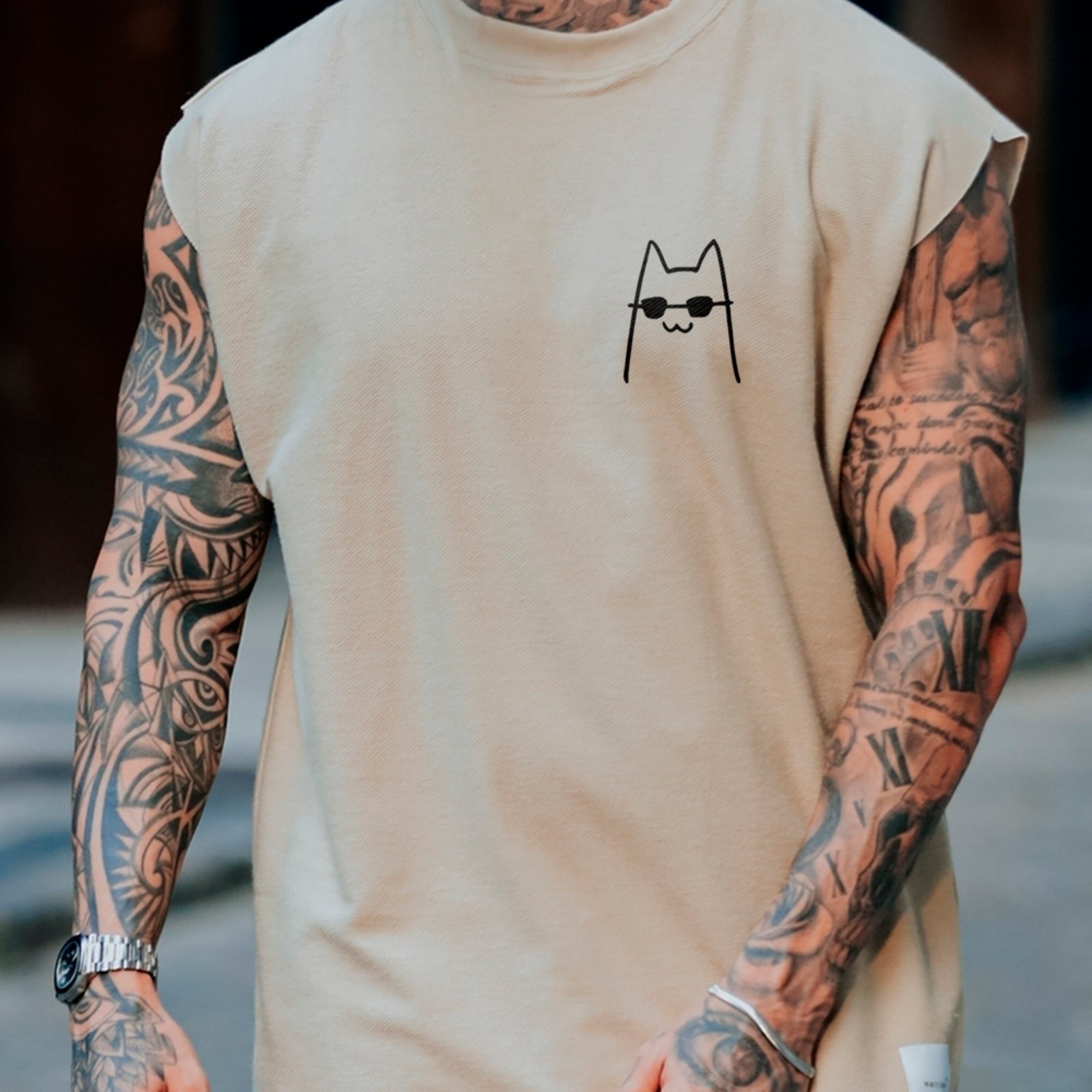 Camiseta Regata Machão Gato Desenho Minimalista Moda Streetwear Off White