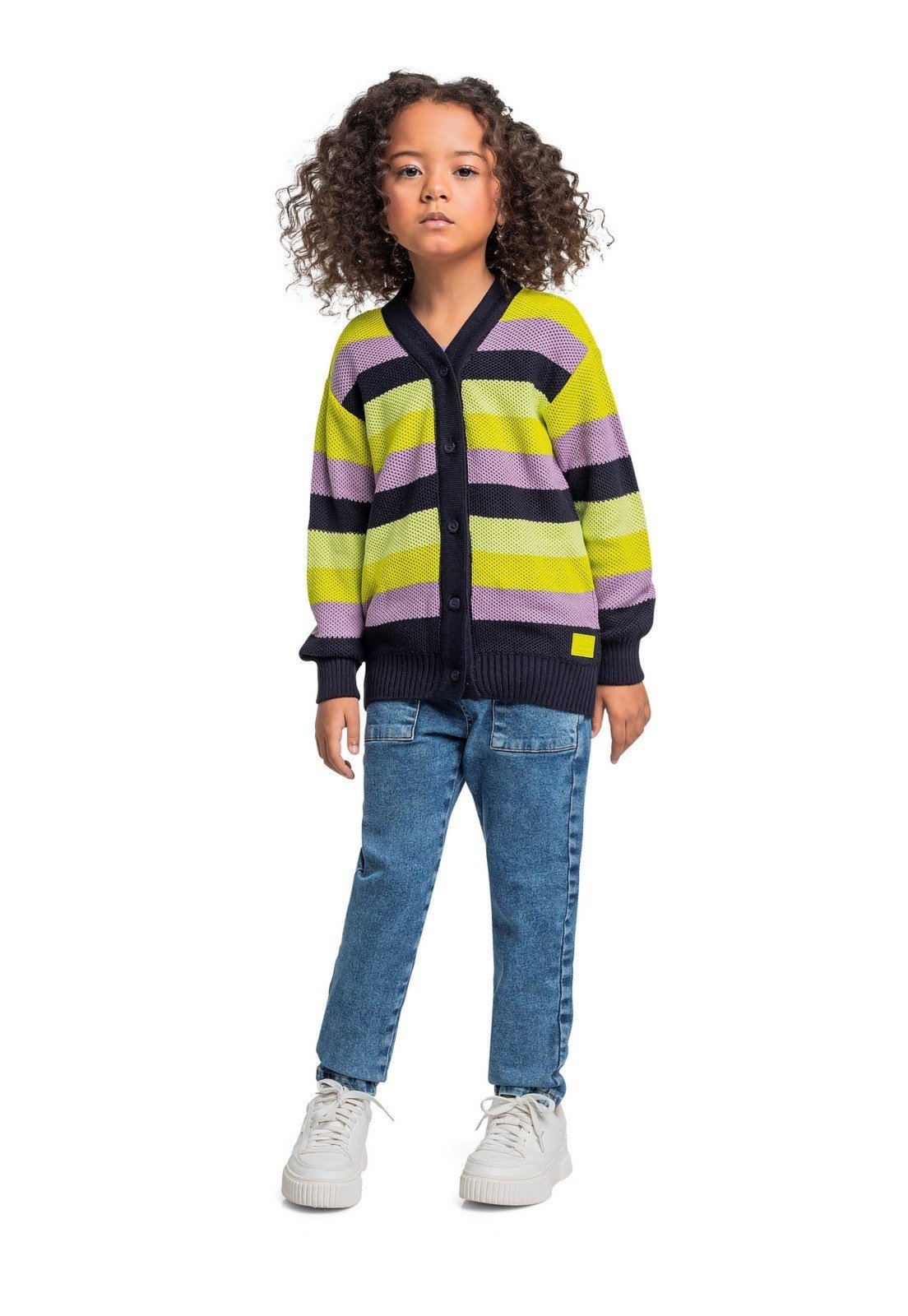 Infantil – Cardigan Listrado em Tricô Menina Quimby Roxo