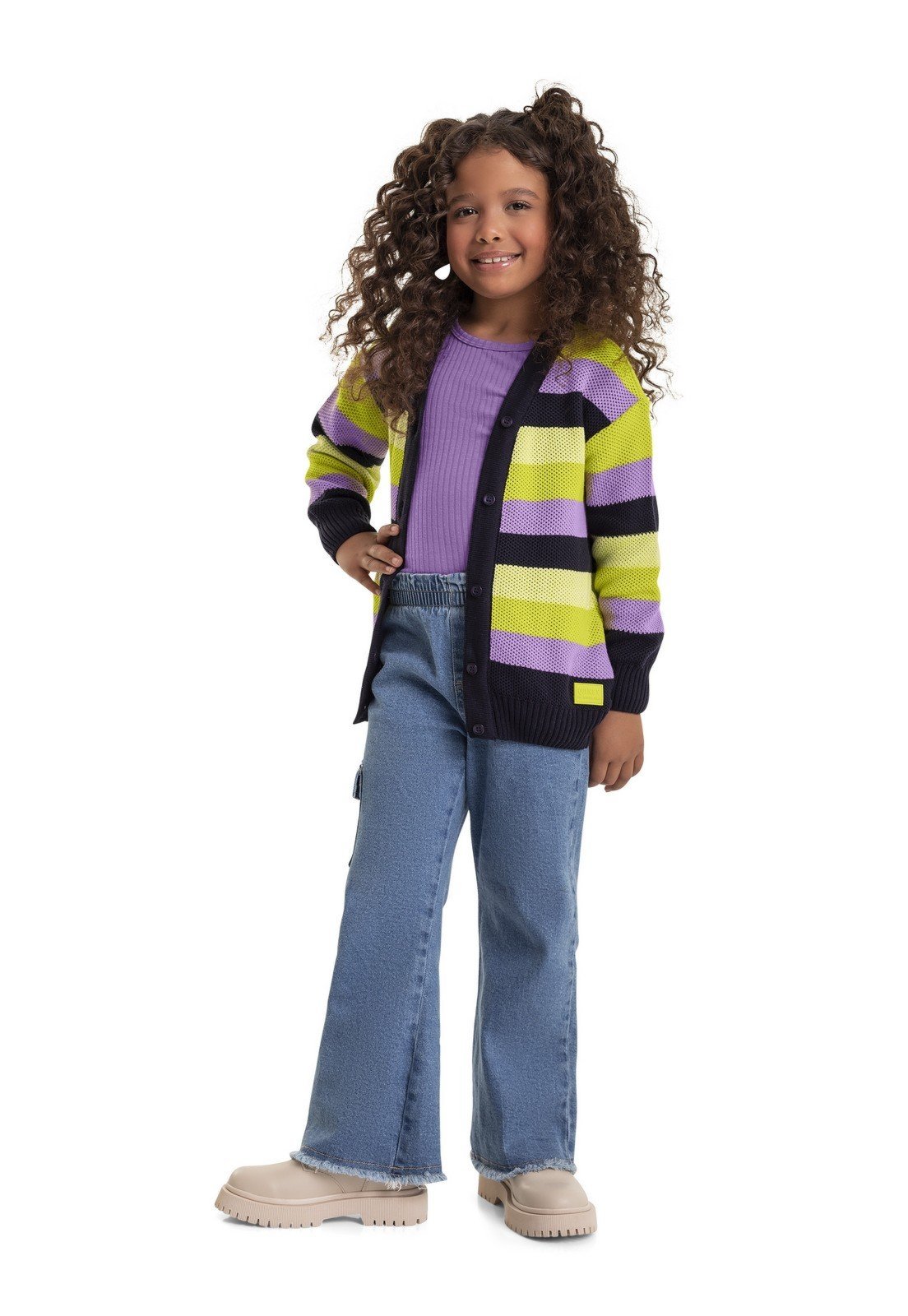 Vista 3 Infantil - Cardigan Listrado em Tricô Menina Quimby roxo Quimby roxo