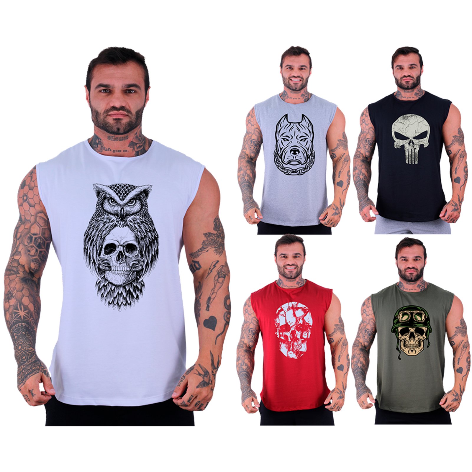 Kit 5 Regatas Machão Longline Masculina Premium Alto Conceito Caveiras