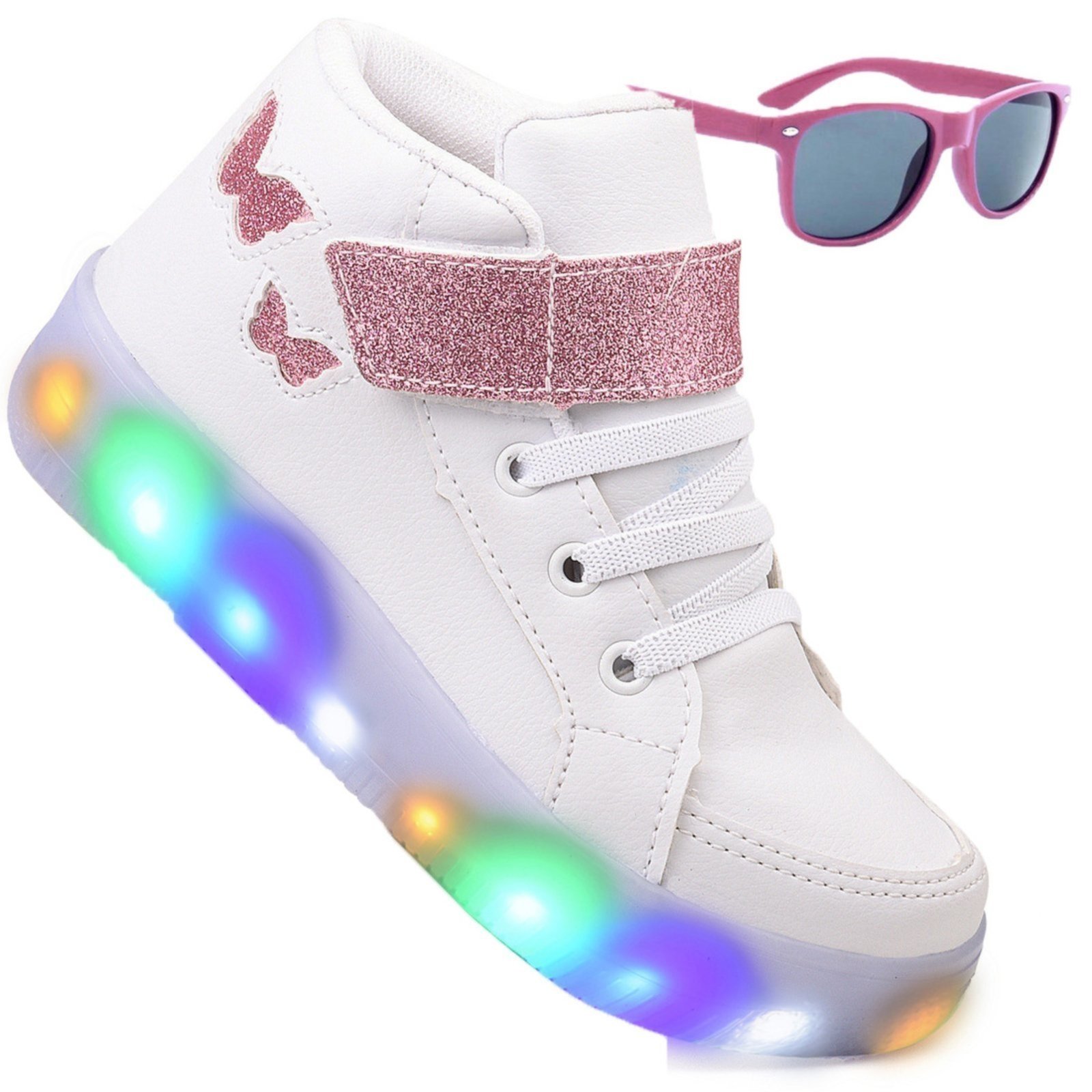 Infantil – Tenis Feminino de Led Botinha Borboleta Glitter Calce Facil + Oculos