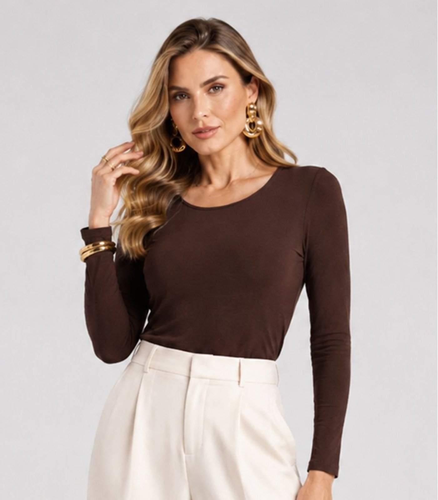 Blusa Manga Longa Básica Select Marrom