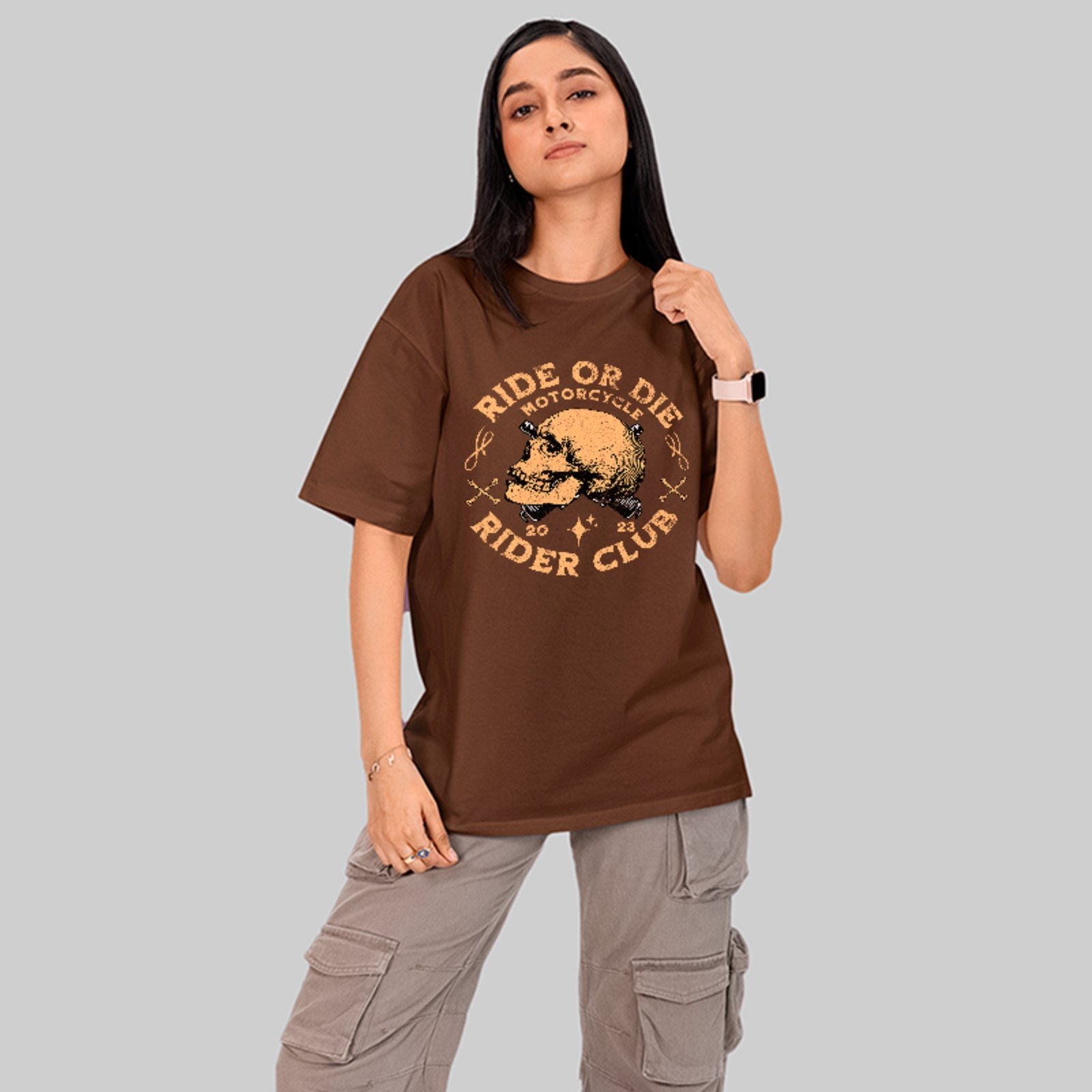 Camiseta Oversized Ride or Die Motorcycle Club Vintage Unissex Marrom
