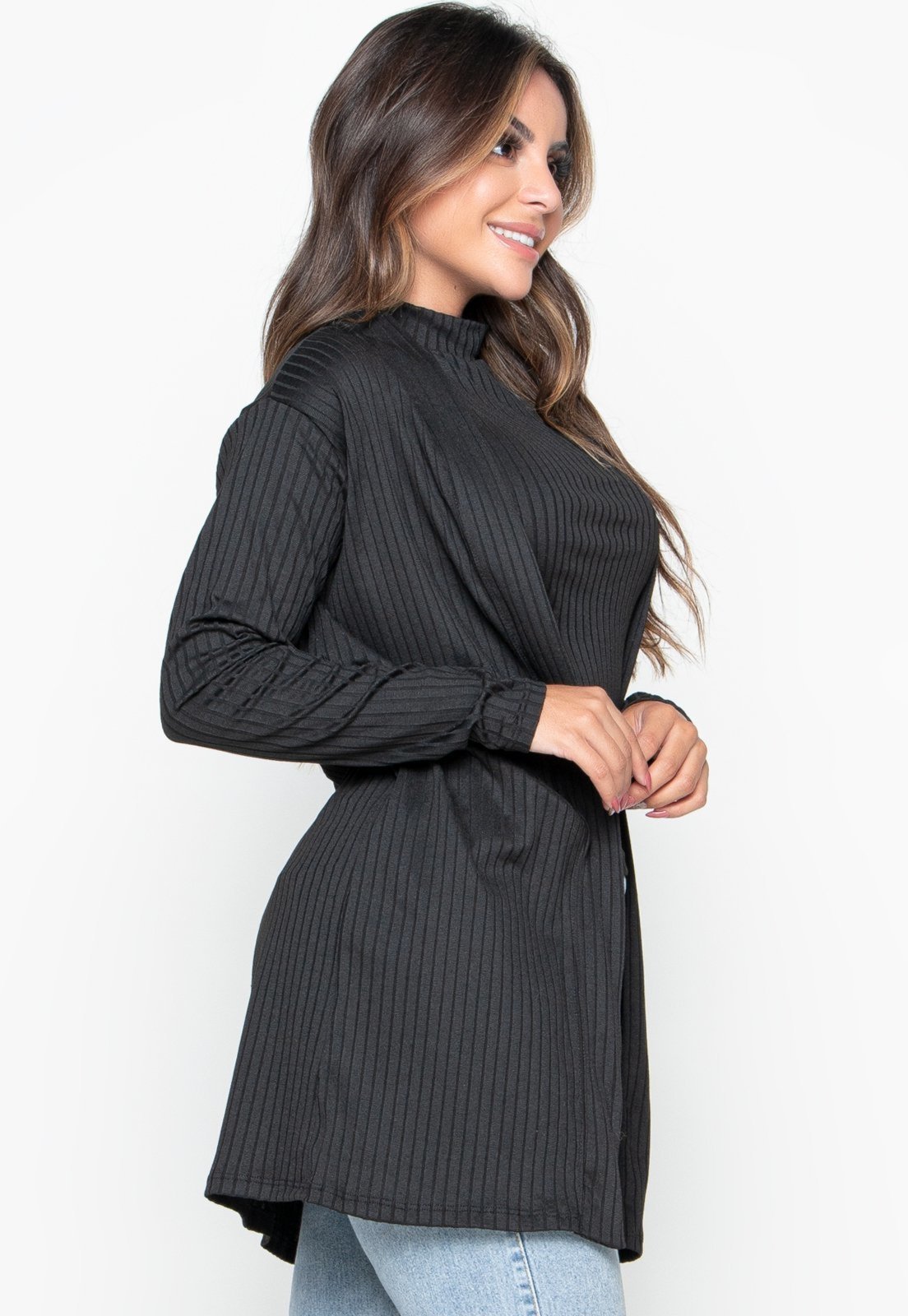 Vista 3 Cardigan Kimono Canelado Bravaa Store Cardigã Feminino Aberto Casaco Blazer 166 preto BRAVAA STORE preto
