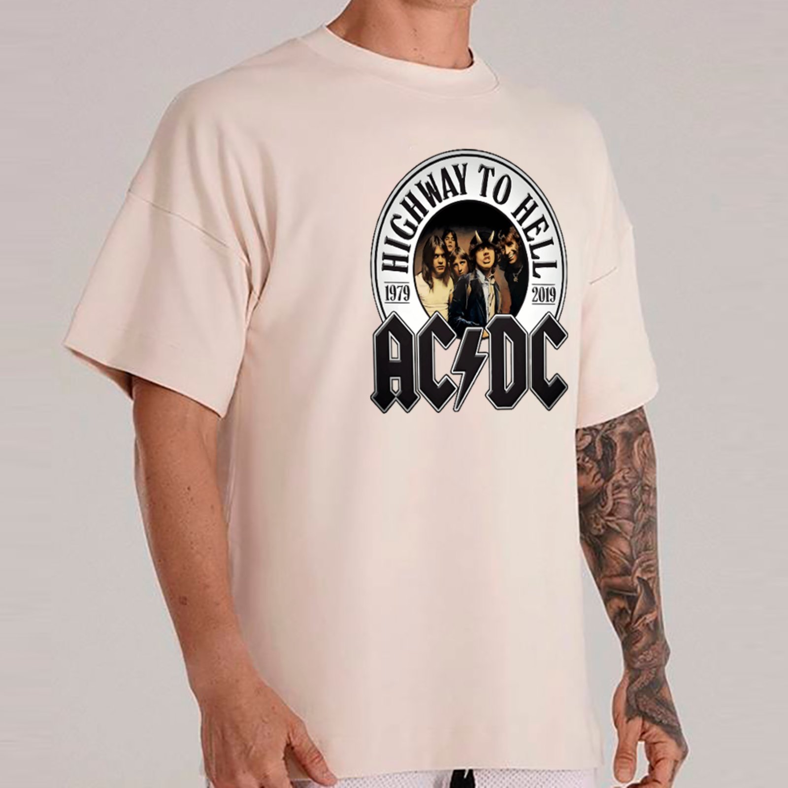 Vista 2 Camiseta Ousy Básica AC DC Highway To Hell Estilo Vintage Unissex Off White off-white white ousy off-white white