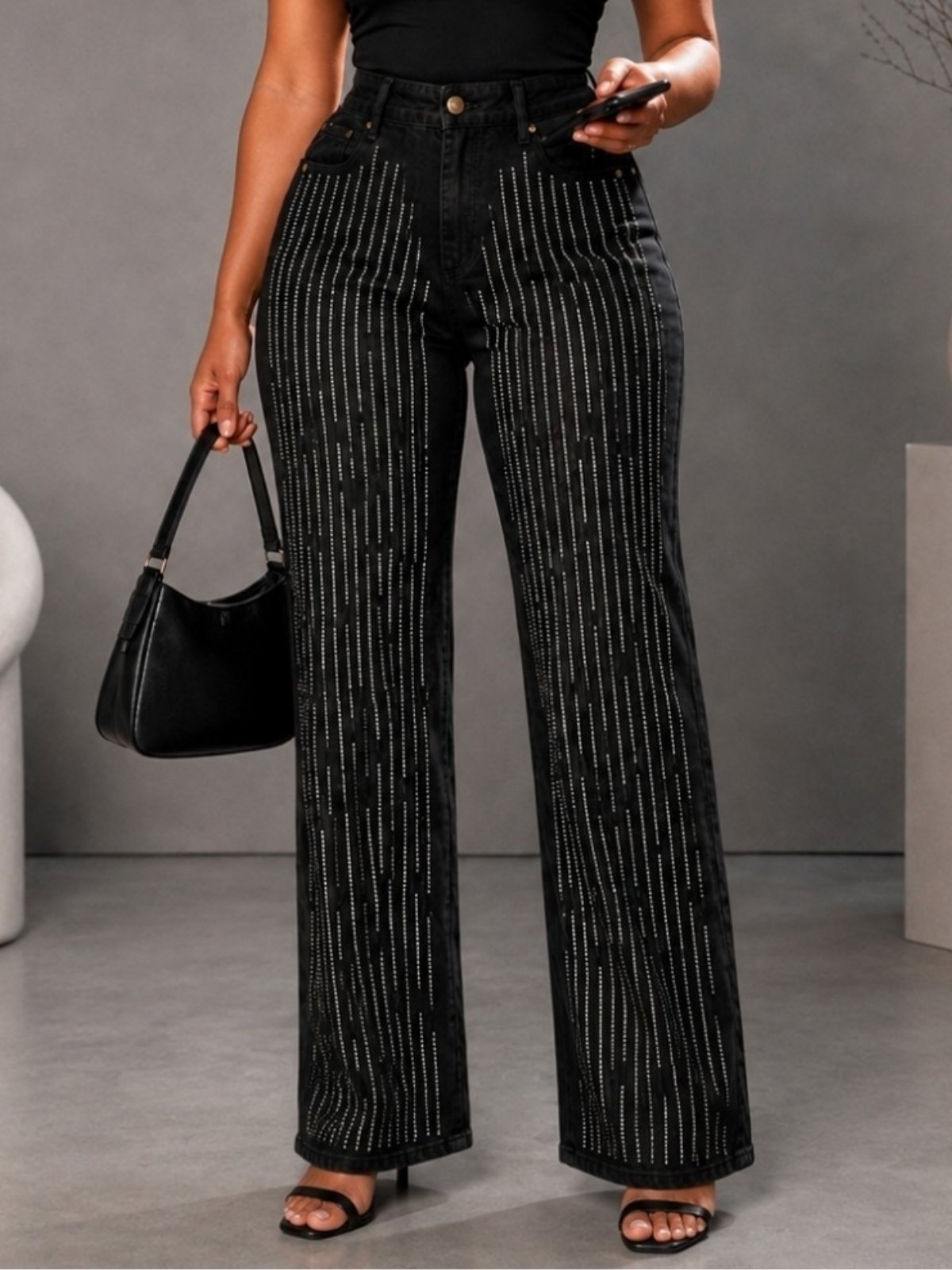 Calça Feminina Wide Leg Preta com Strass Cintura Alta Jeans com Elastano Luxo Fashion
