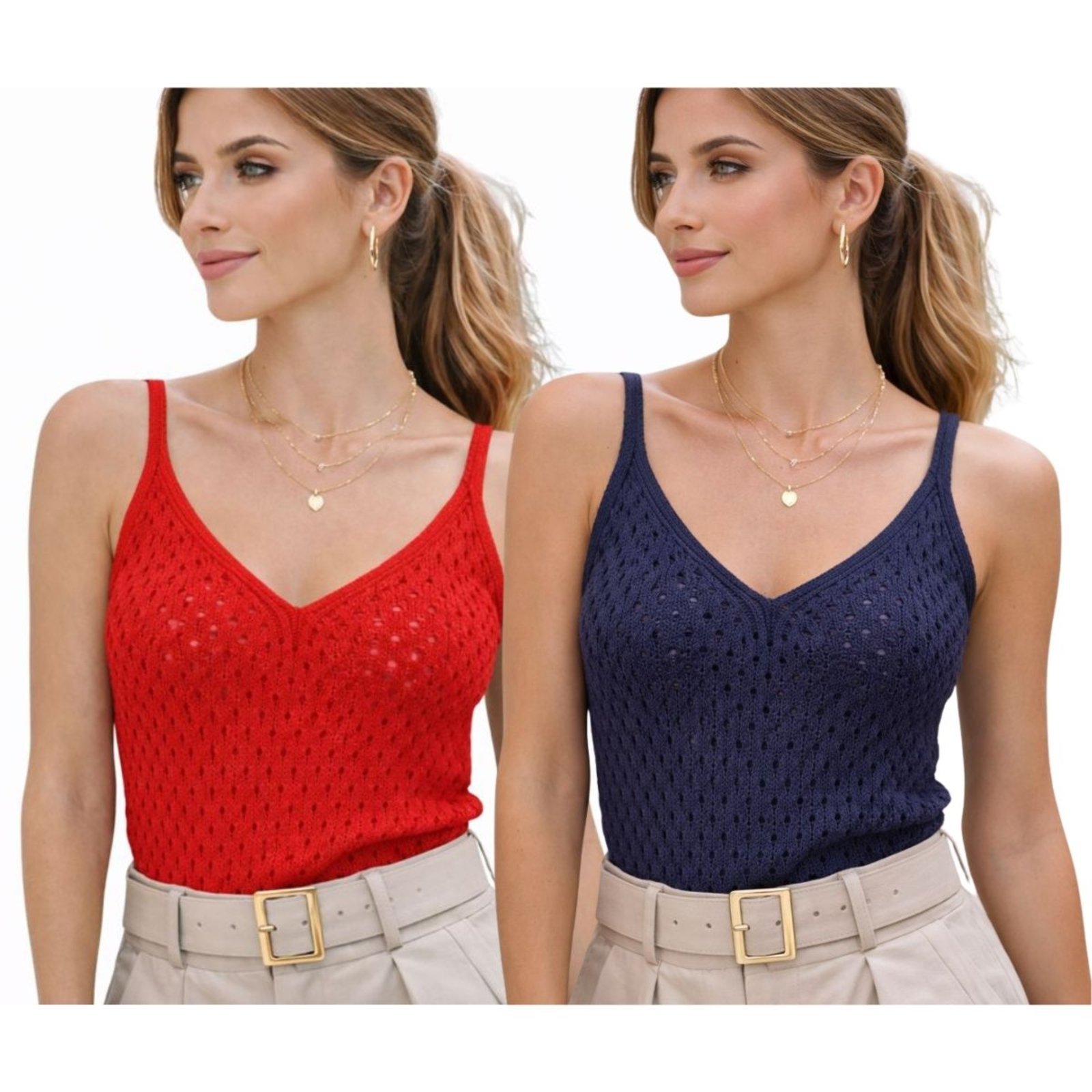 Vista 2 Kit 2 Blusas Regata Vih Triny Feminina Tricô Alça Fina Decote V multicolorido Vih Triny multicolorido