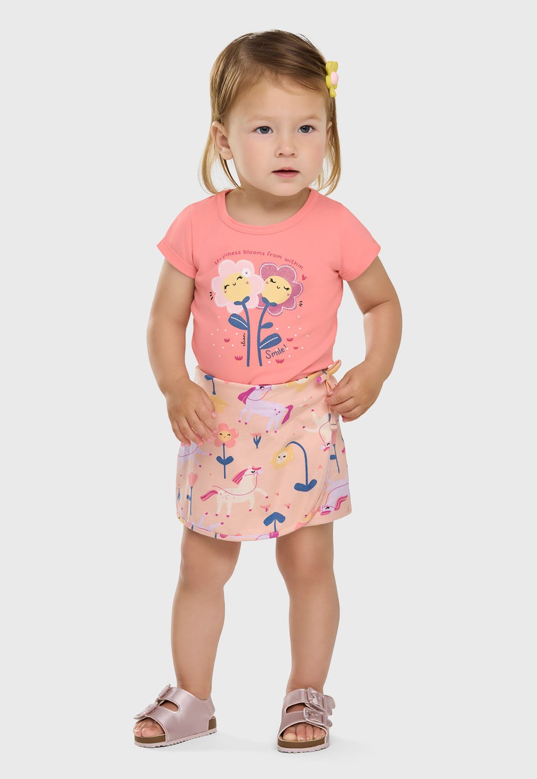 Conjunto Elian Blusa Manga Curta e Saia Estampada Rosa
